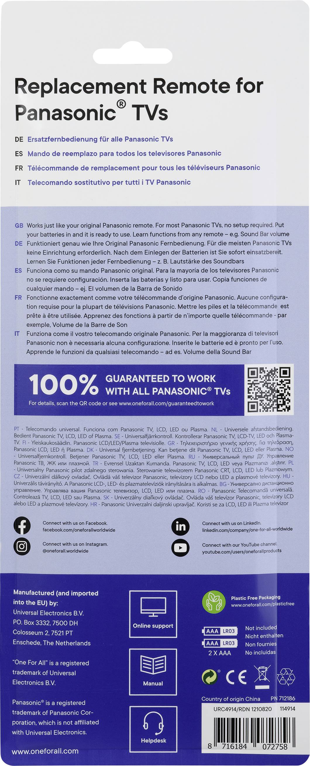 The 'Replacement Remote for Panasonic TVs' packaging displays instructions in multiple languages, warranties, manufacturer information, and a QR code.