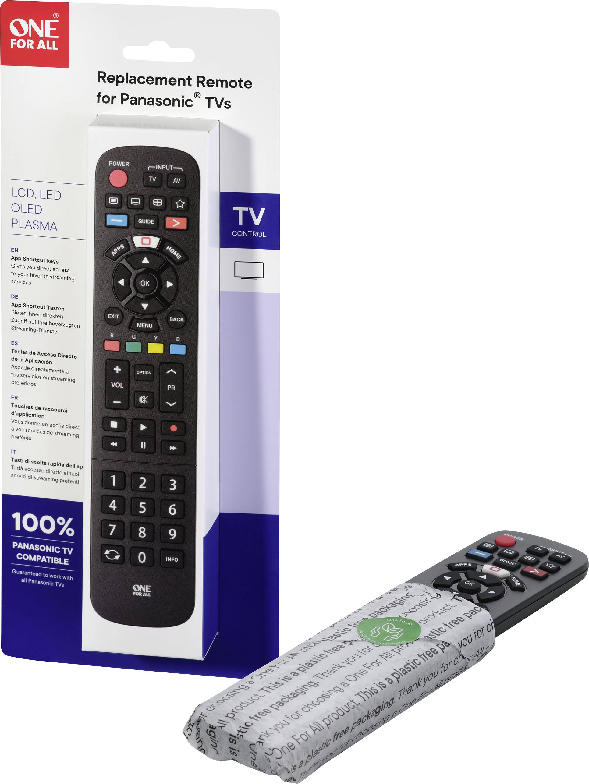 Remote control for Panasonic TVs, shown in packaging, lying on a table. Suitable for LCD, LED, OLED, plasma screens.