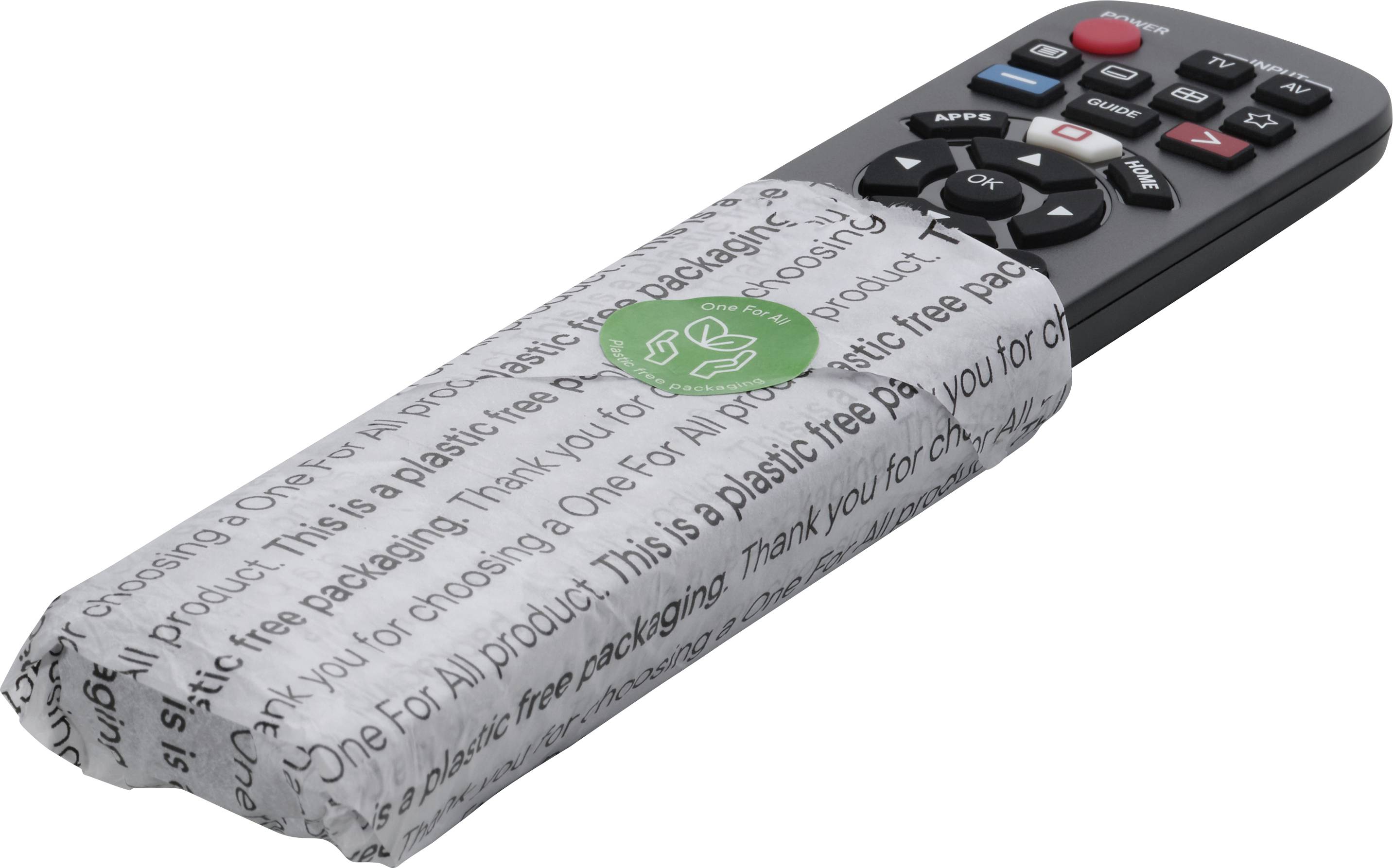 Remote control in plastic-free packaging with green recycling symbol, environmentally friendly packaging, printed with 'Thank you for choosing'.