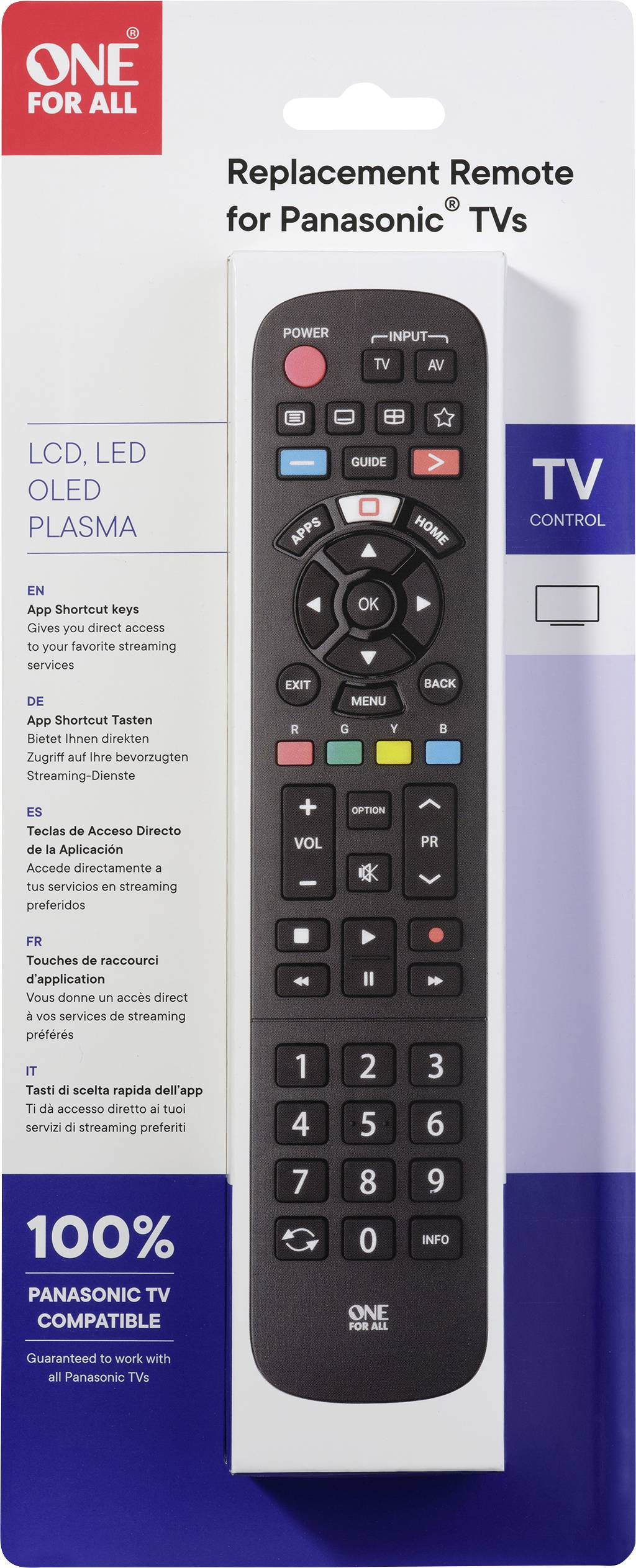 Panasonic TV remote control, depicted with buttons for volume, channels, and streaming. Packaging text: 'Replacement remote control'.