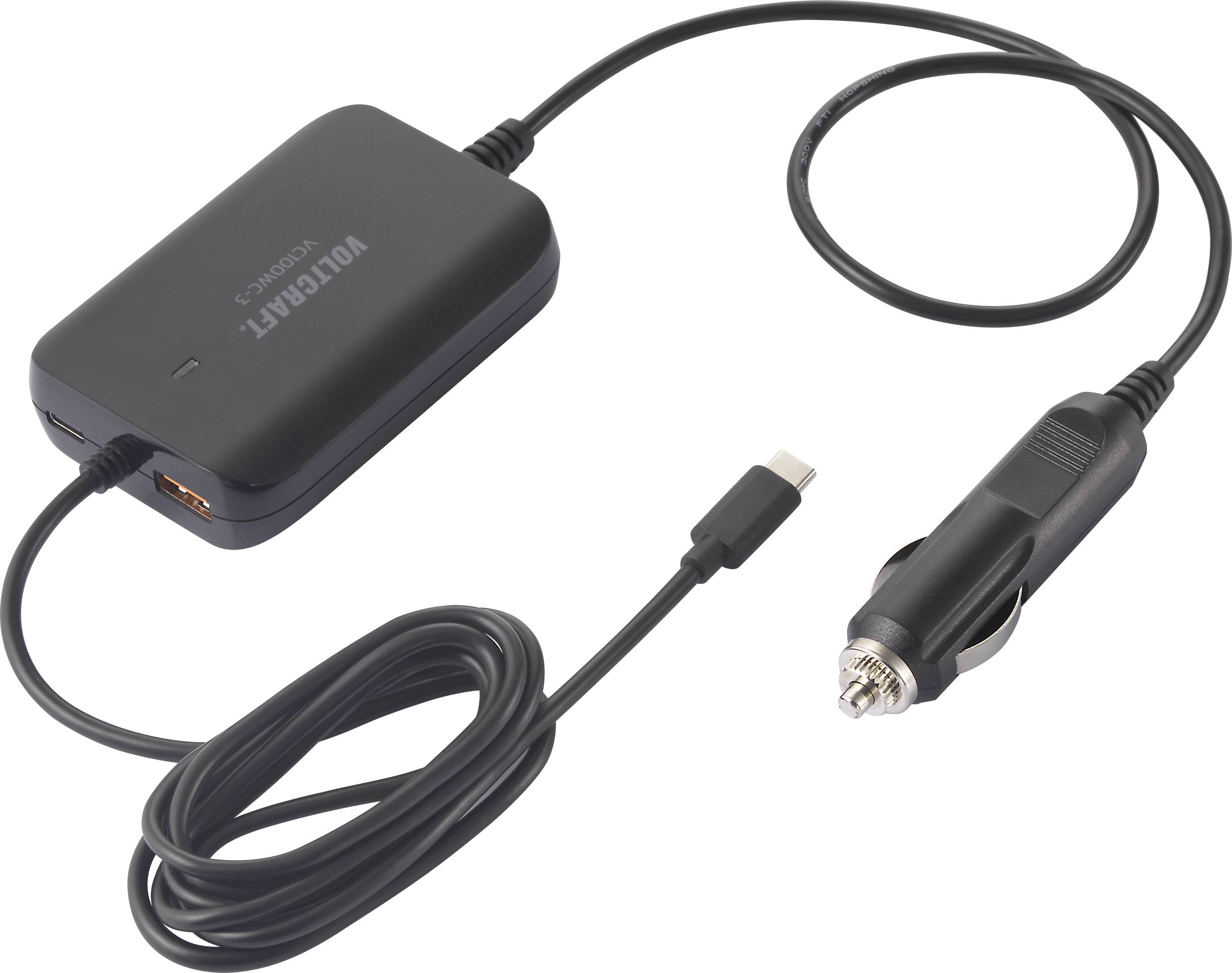 Black car charger with USB port and cigarette lighter plug; suitable for charging devices while on the go.