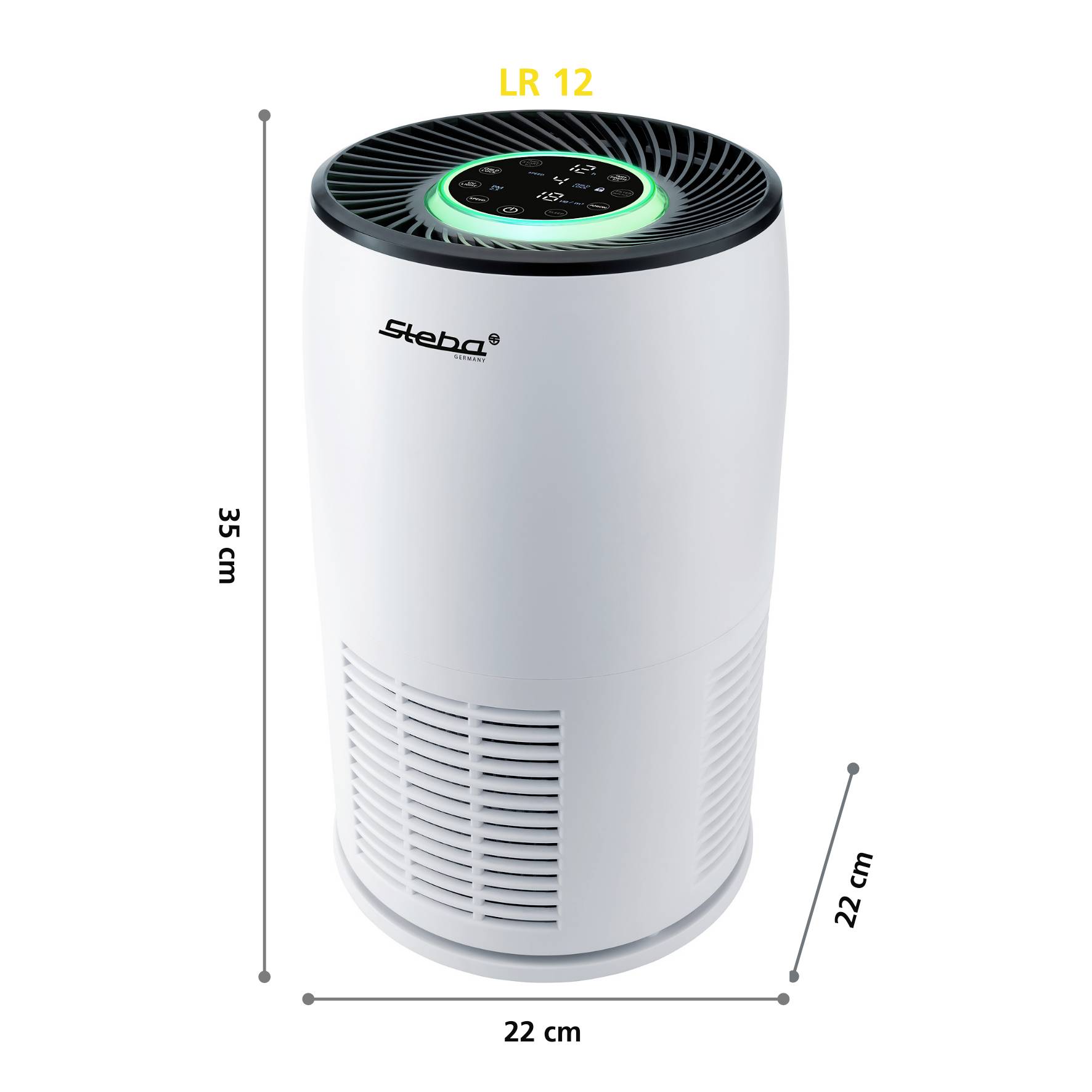 A white air purifier with control lights on top. Dimensions: 35 cm high, 22 cm diameter. Model 'LR 12'.