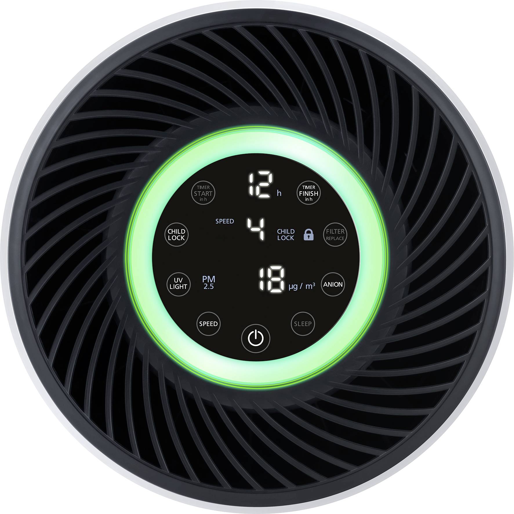 Air purifier display with numbers and symbols for speed, timer, filter status, and UV light; green ring indicates air quality.