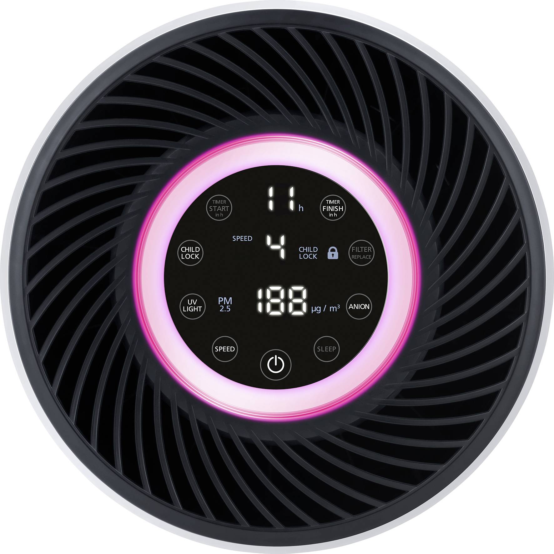 'Air purifier display.' The round display shows various modes such as child lock, speed, and air quality readings.