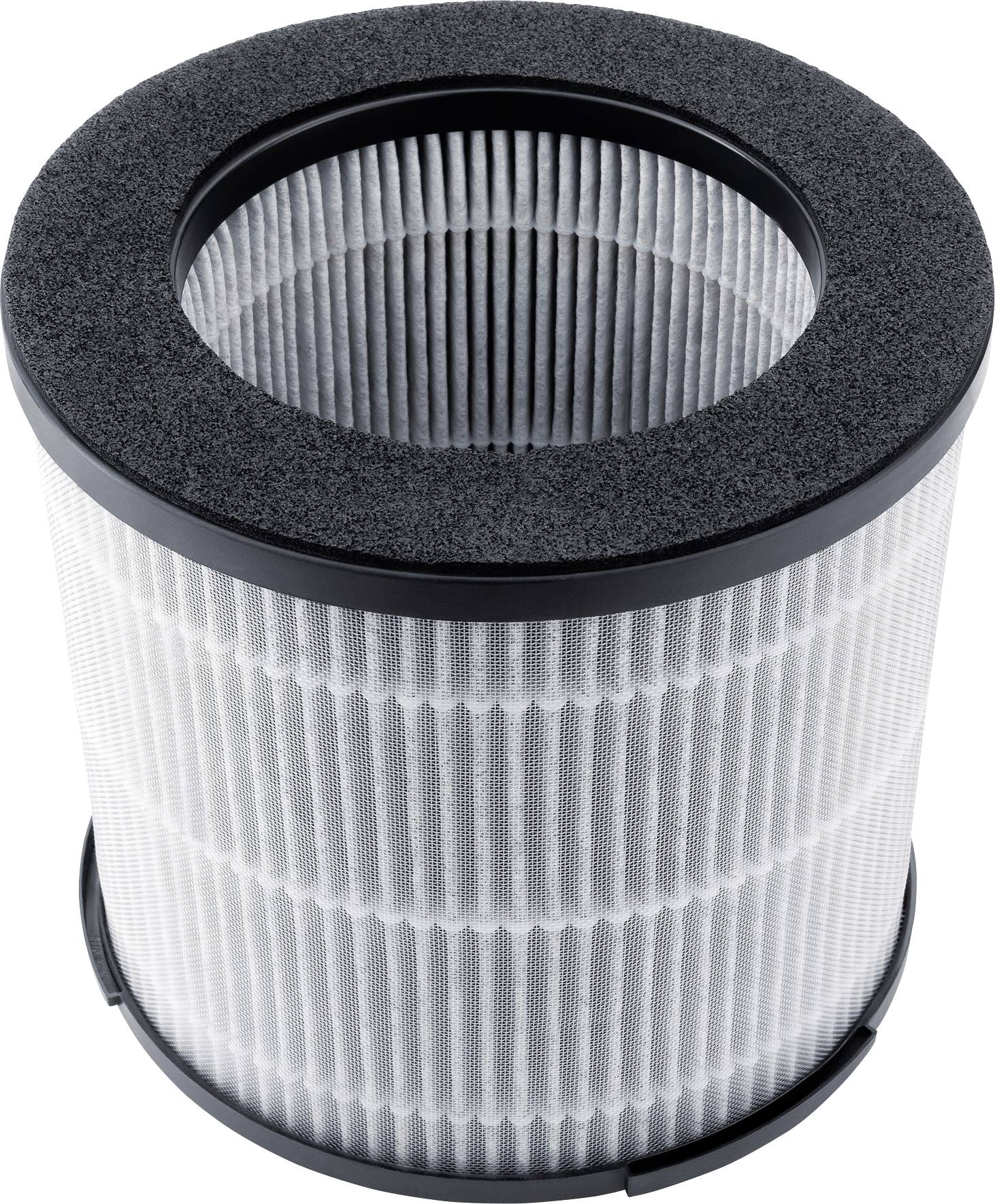 Round air filter with a black border and white, pleated filter lamellae. Suitable for air purifiers to improve air quality.