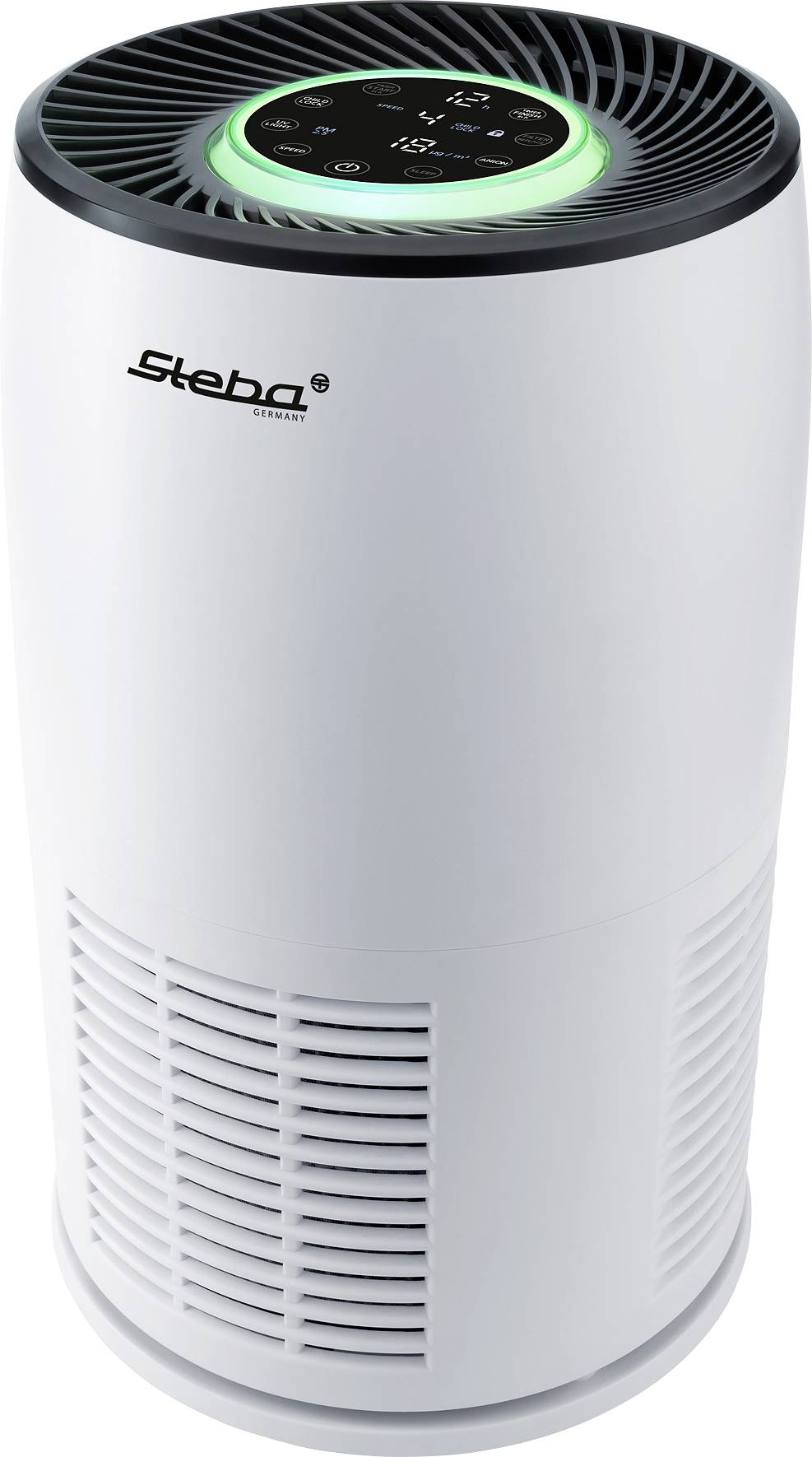 Air purifier with a cylindrical shape, black and white surface, and control panel on top. The 'Steba' brand logo is visible.