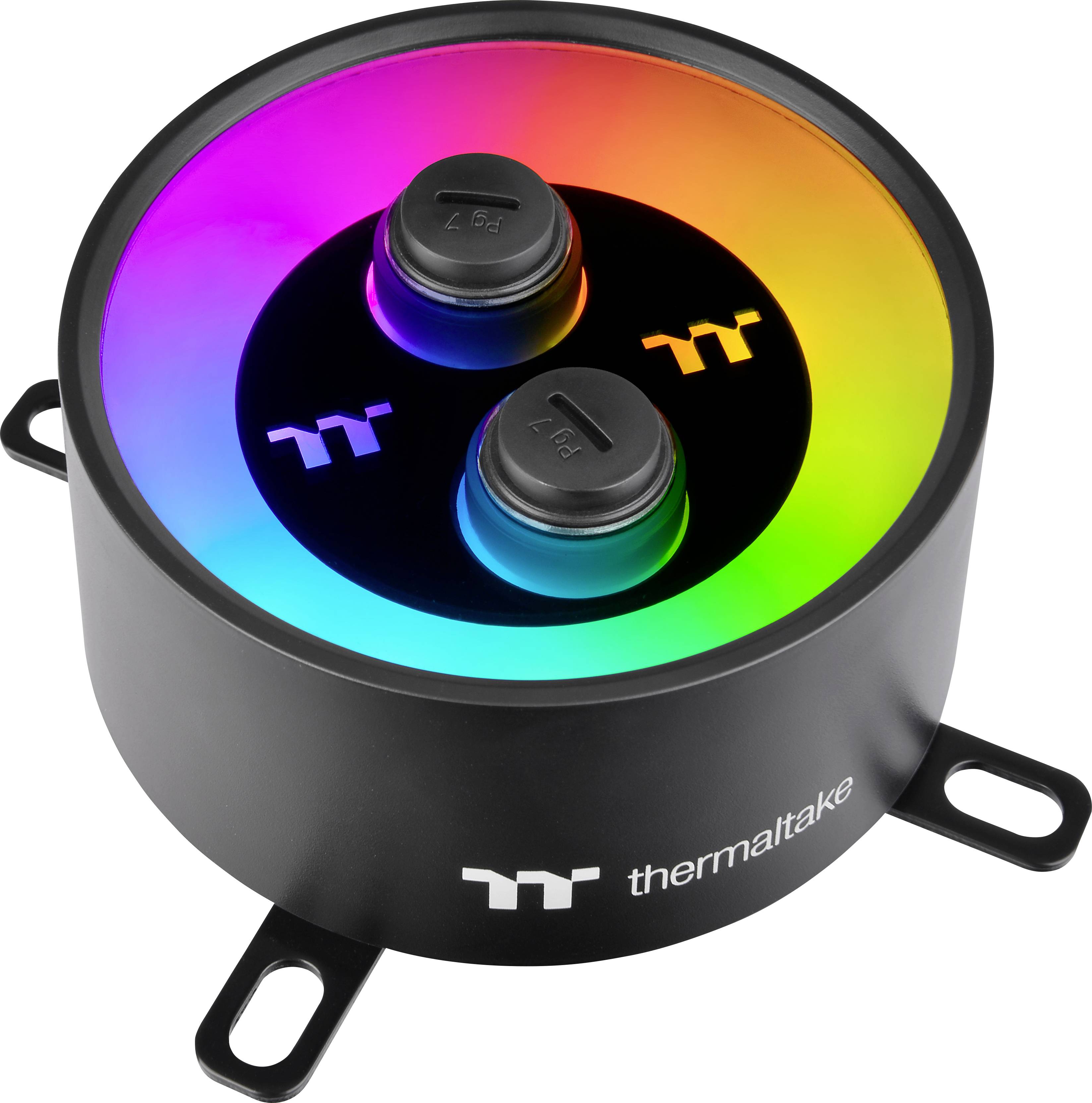 Black CPU cooler with circular RGB LED illumination from Thermaltake, showing two connections on the top surface.