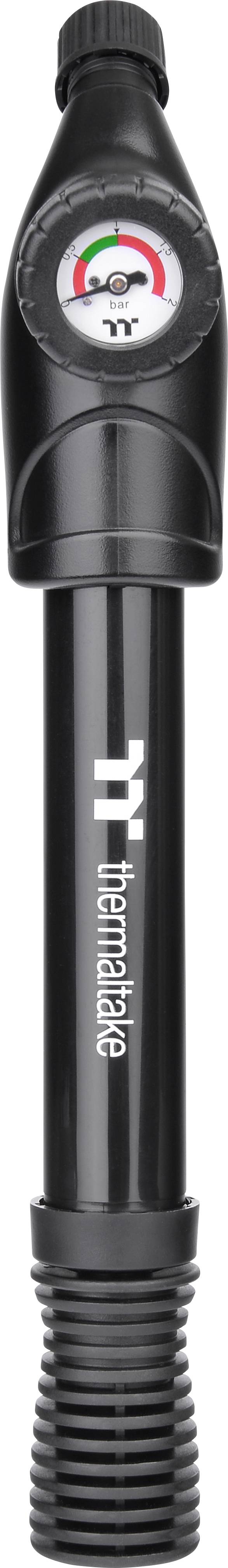 Black bicycle pump by Thermatec with pressure gauge showing pressure.