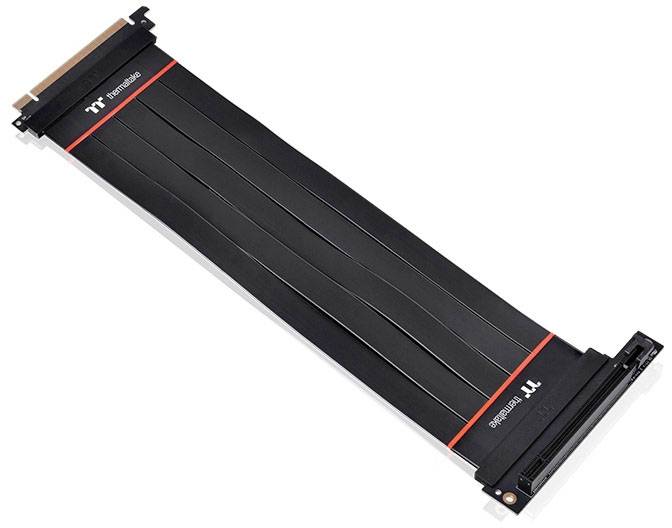 Thermaltake PCIe riser cables, black with red accents. Flexibly designed for various PC configurations.
