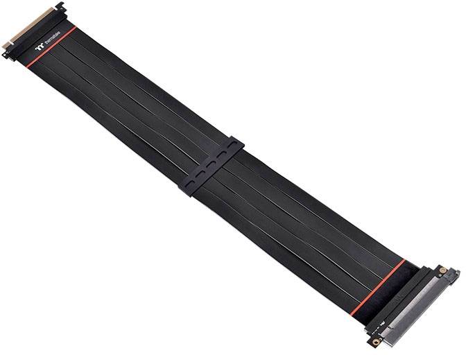 Black, flat PCIe riser cable with white lines and a red stripe, used for extending or repositioning graphics card connections.