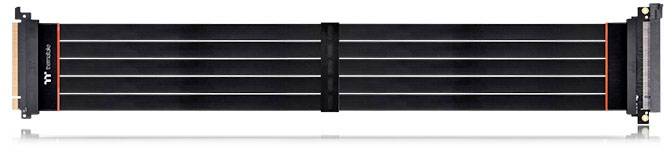 A PCI-E riser cable is shown horizontally, with connectors at both ends and black sheathing for increased flexibility.