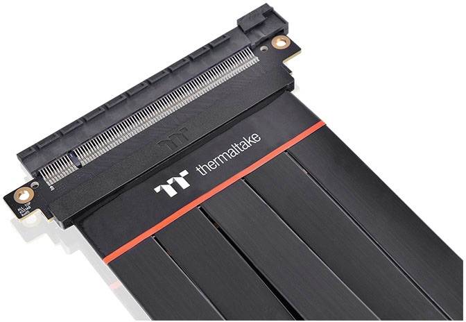 PCIe Riser Cable by Thermaltake, black with red accent, for connecting graphics cards in various positions.