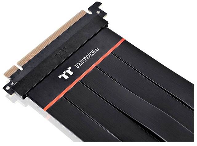 Thermaltake graphics card riser cables in black with a red stripe and company logo.