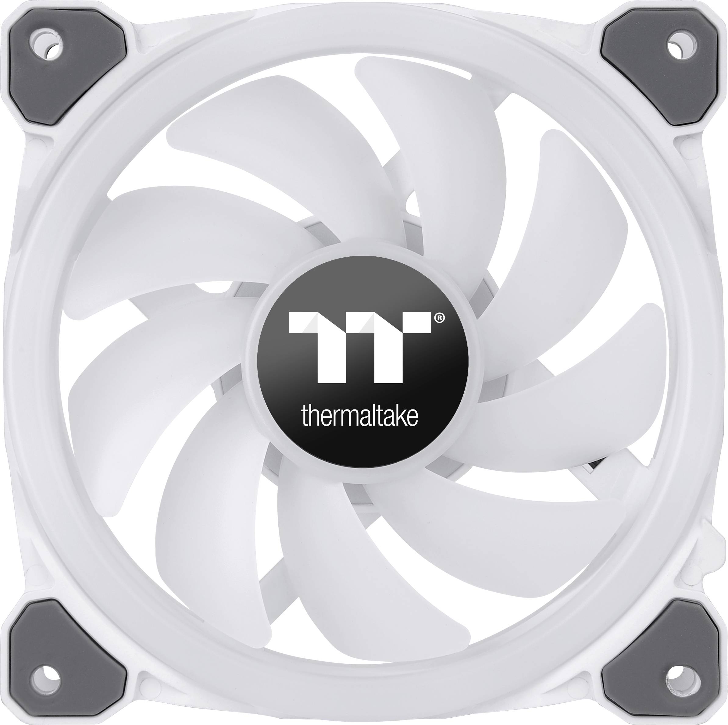 A white Thermaltake computer fan with nine blades, suitable for PC case cooling.