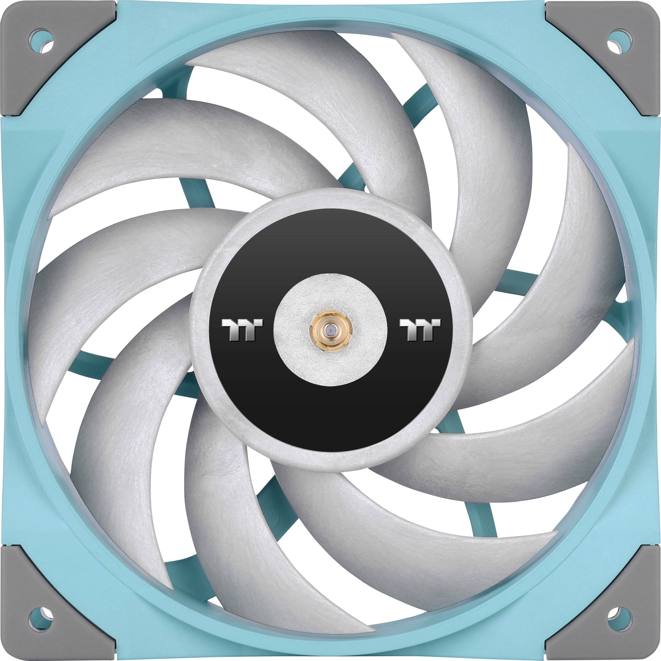 A blue computer fan with grey blades and a round black centre featuring silver symbols.