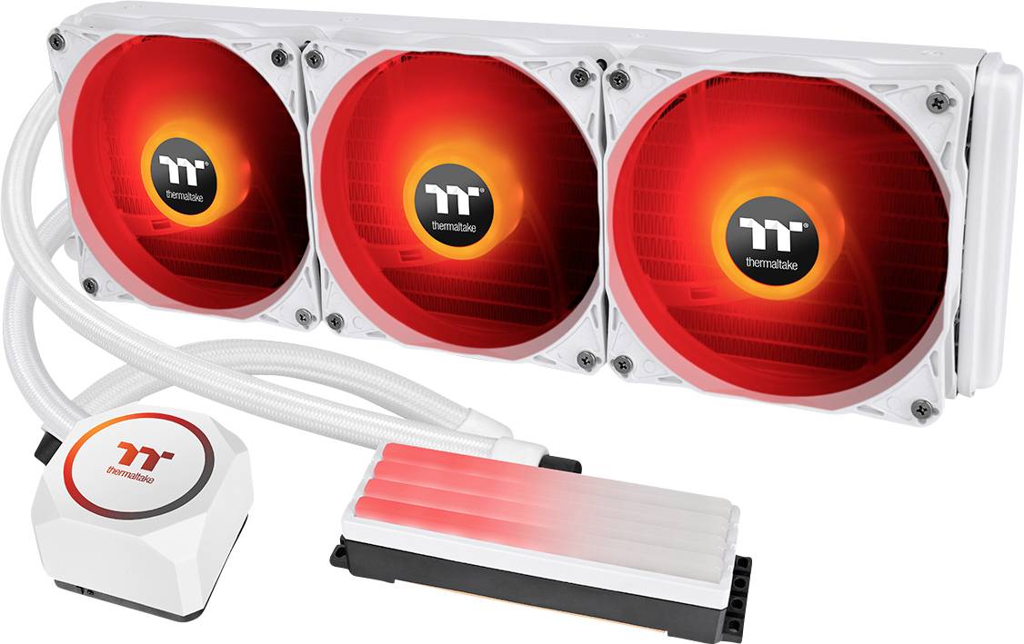 A triple PC water cooling unit with three red-illuminated fans; Thermaltake brand logo visible.