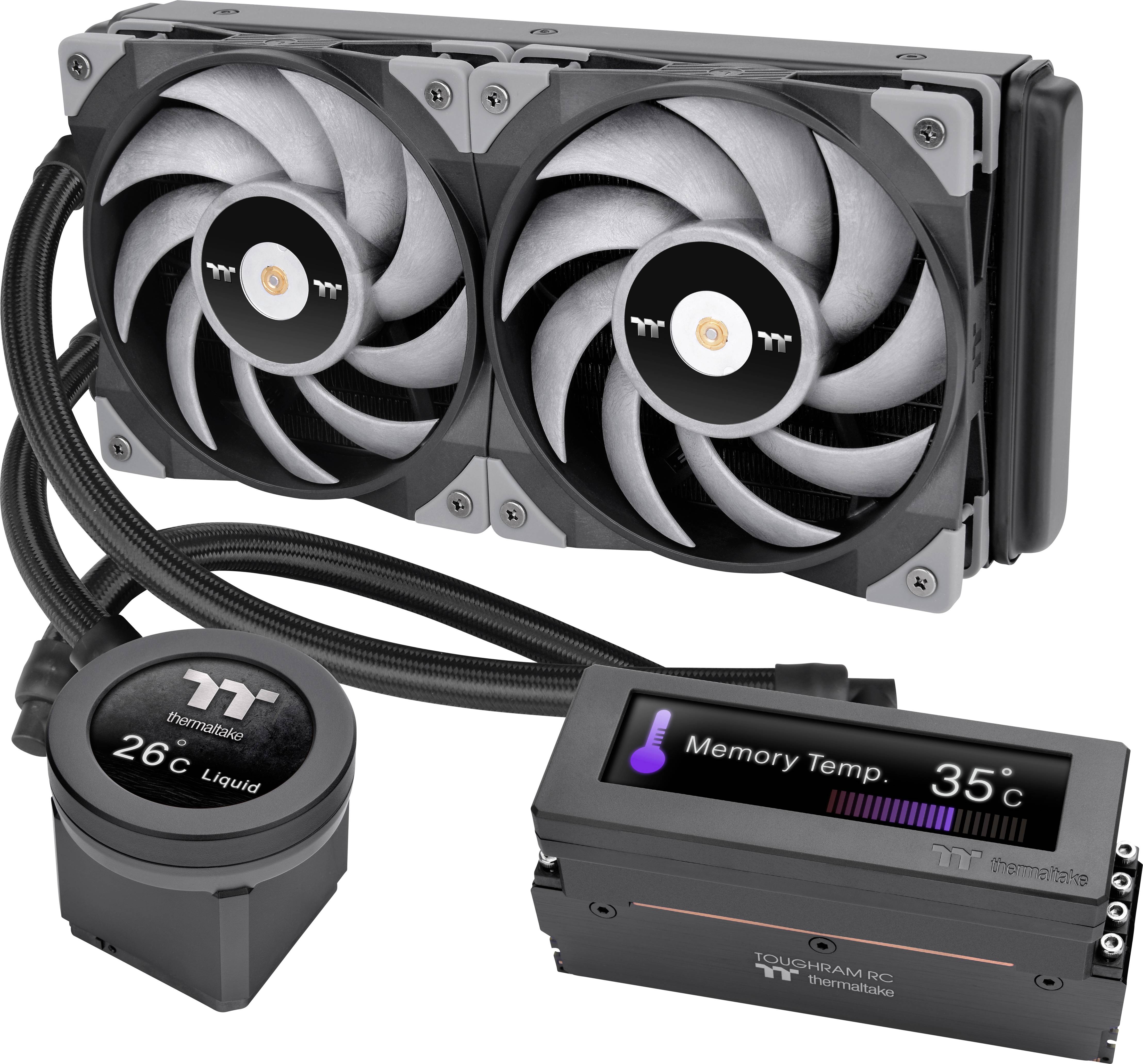 Water cooling system with two fans, pump unit and digital temperature display. Display shows 'Memory Temp: 35°C'.
