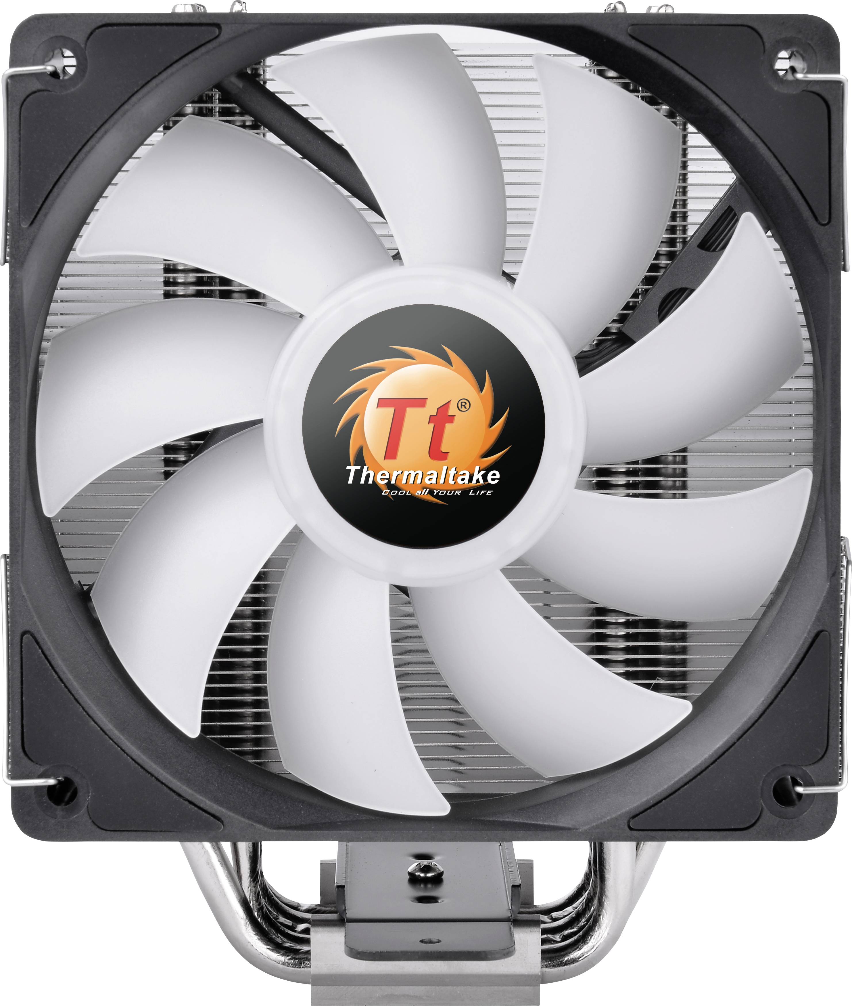 A white computer fan with a black frame, with a logo in the centre reading 'Thermaltake'.