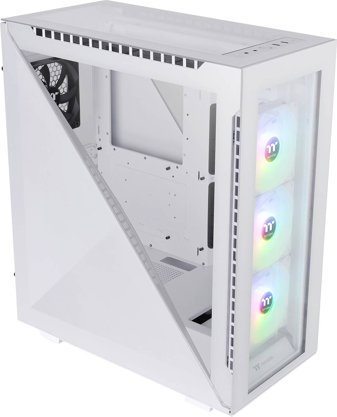 A white PC case with a transparent side panel reveals three illuminated fans at the front. It provides space for computer components.