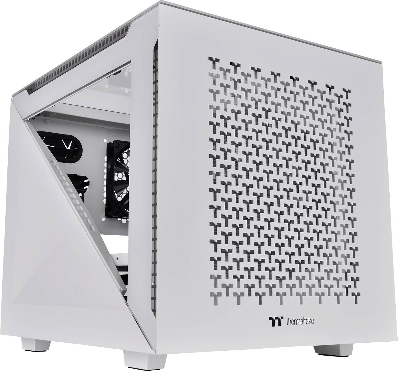 White computer case by Thermaltake with a modern, perforated design and side-mounted fan for air circulation.