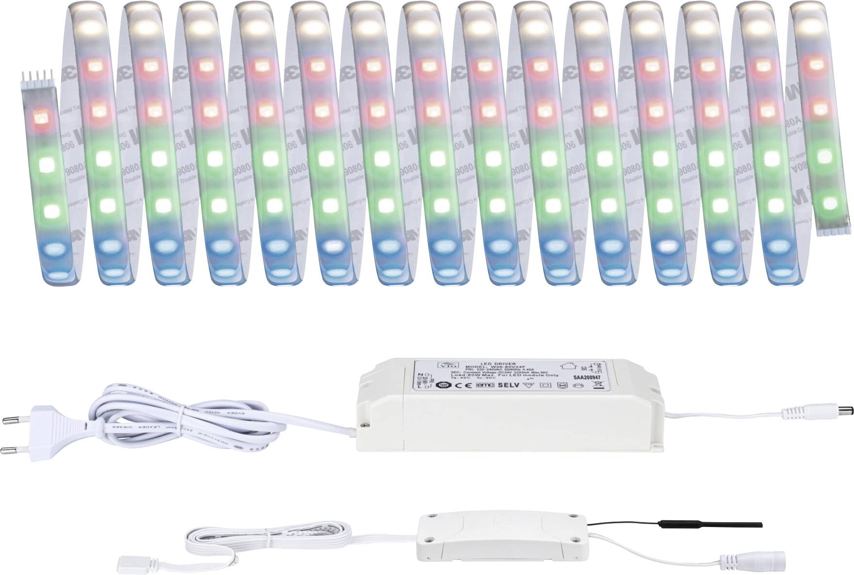 Multi-coloured illuminating LED light strips; white power adapter and control box with cables. Ideal for decorative room lighting.