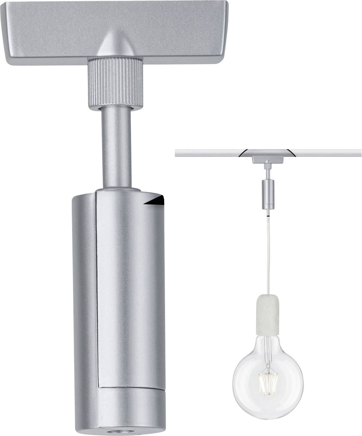 Cylindrical rail adapter, silver, connected to a clear light bulb on a white cable. Ideal for track lighting.