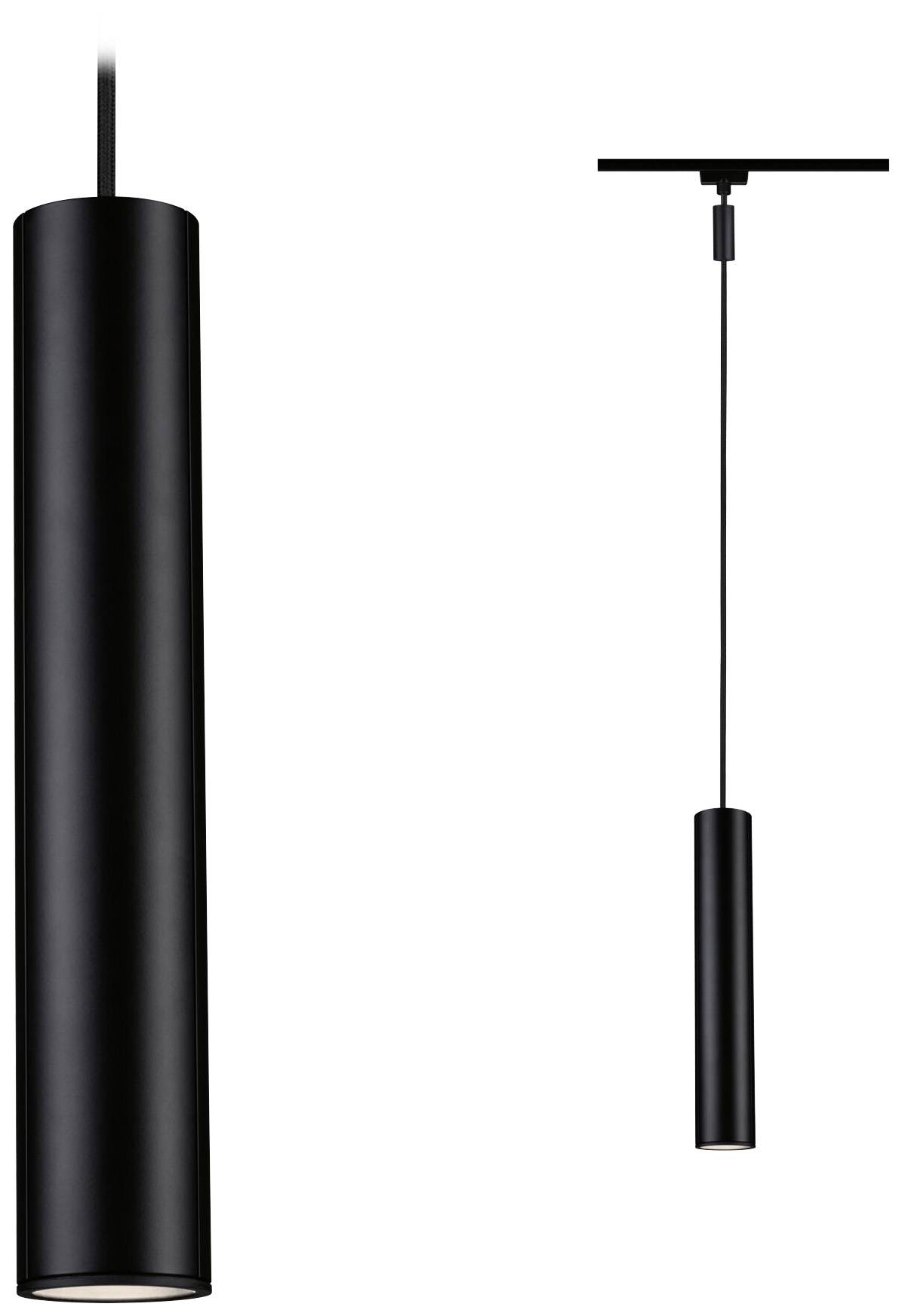 Black, cylindrical pendant light with a slender design, suspended from a long cable. Modern and minimalist for interior spaces.