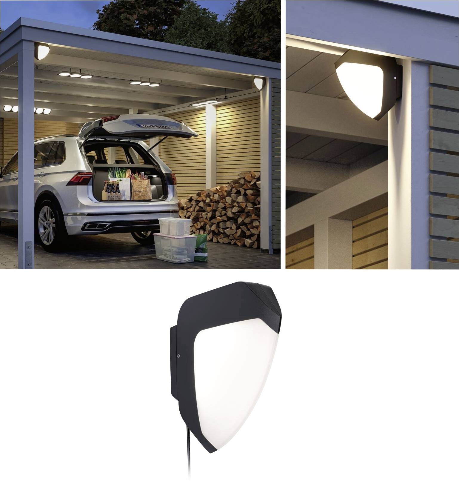 A car in an open garage with the boot open. A glowing wall light is mounted on the garage wall. A stack of wood in the background.