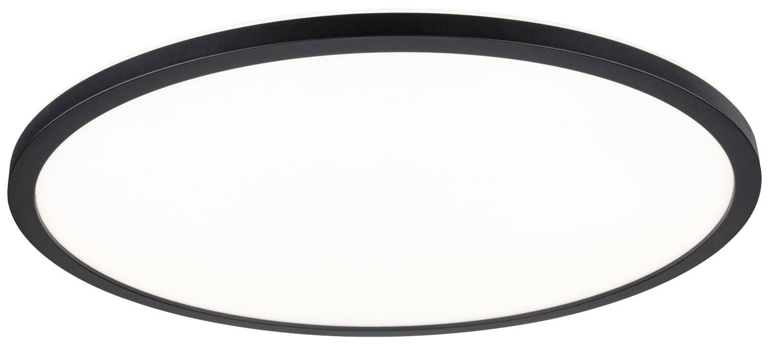 A round, flat ceiling light with a black frame and white light diffuser, suitable for modern interiors.