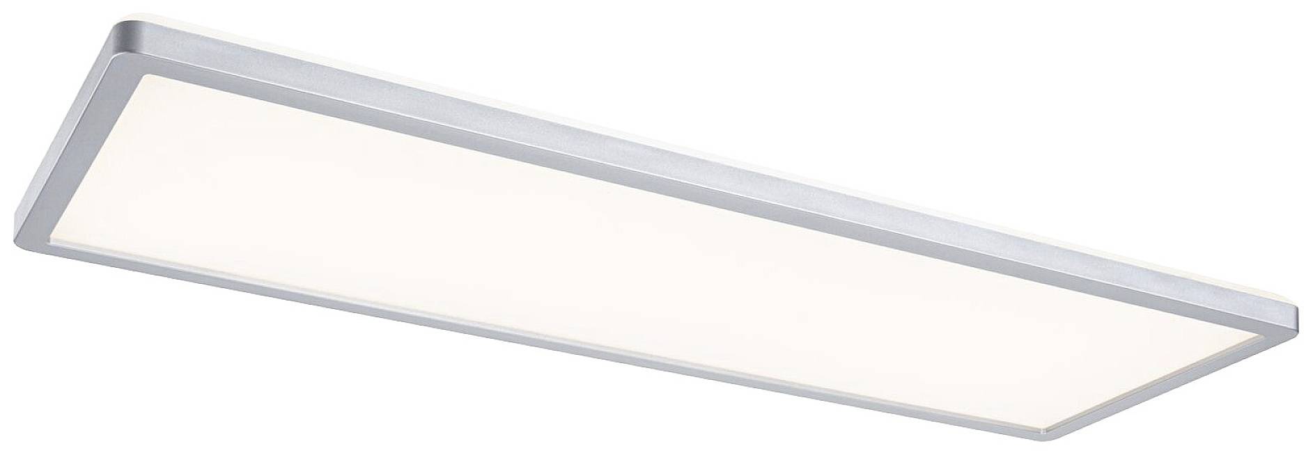 Rectangular LED ceiling light with a silver frame, providing widespread diffused, uniform light. Suitable for modern interior spaces.