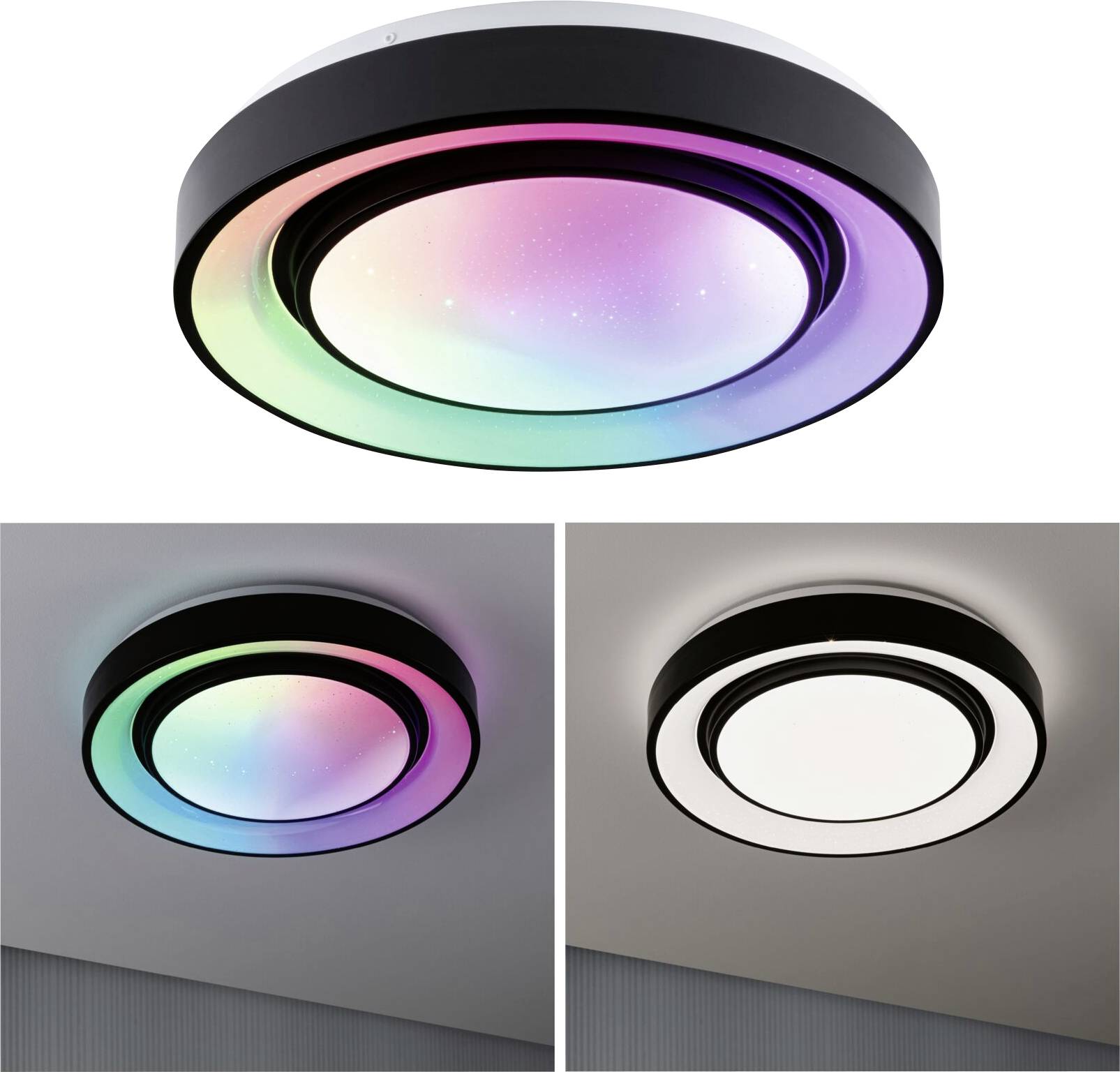 Round LED ceiling light with colour changing. Top: Light shows colourful colours. Bottom: Light in white, switched off against dark background.
