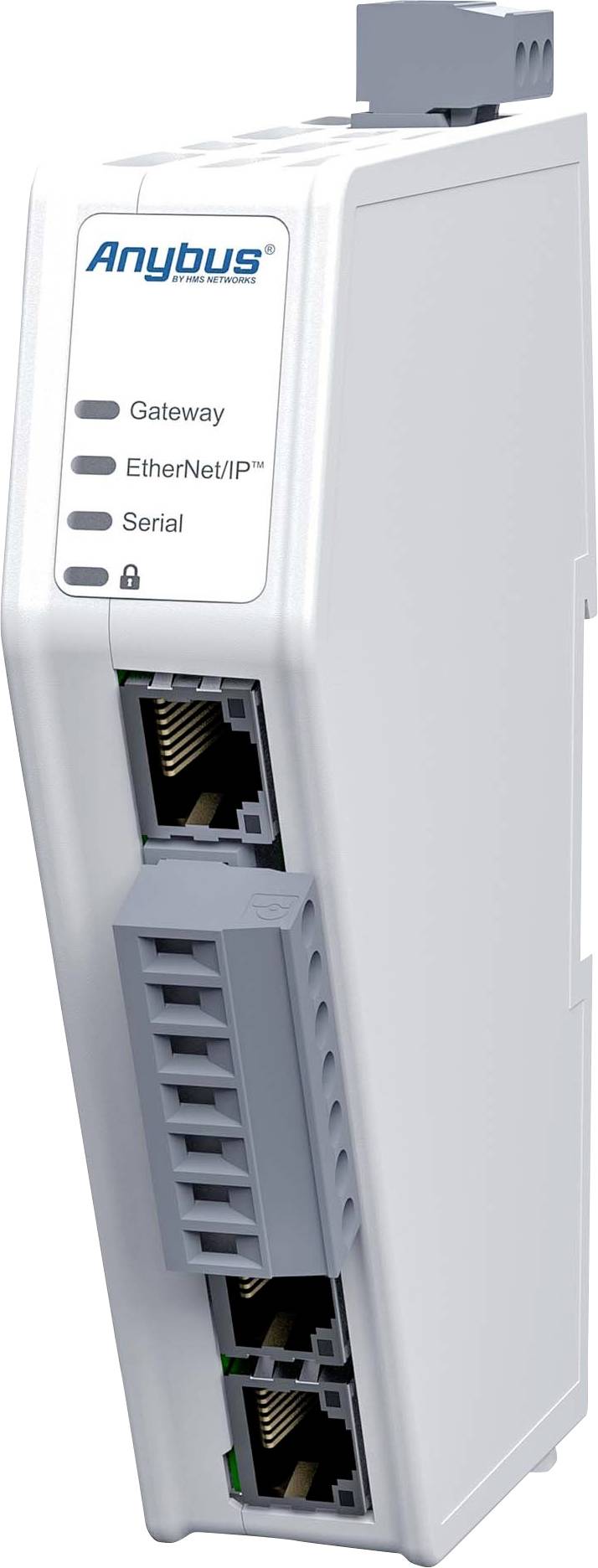 Industrial communication module with Ethernet and serial interfaces, for data transmission in automation networks.Note: This is already very close to British English. I've made minimal adjustments to ensure it sounds natural.