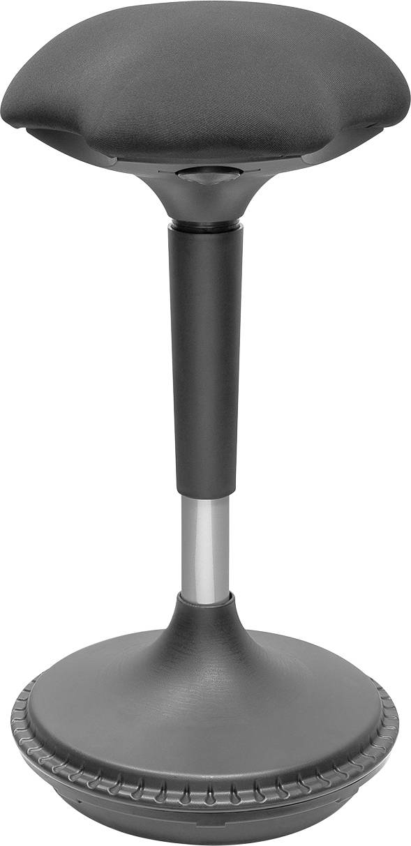 Grey ergonomic sit-stand stool with padded seat and round base.