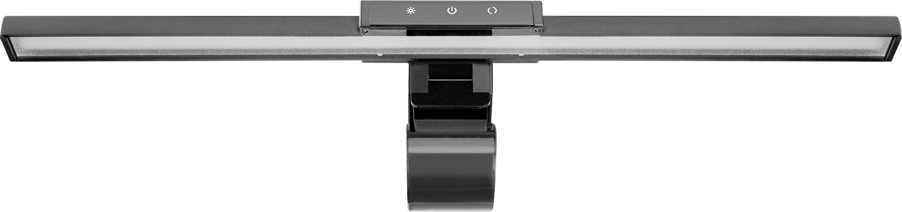 Black LED monitor light with wide, rectangular design and central mounting clip. Ideal for illuminating screens.