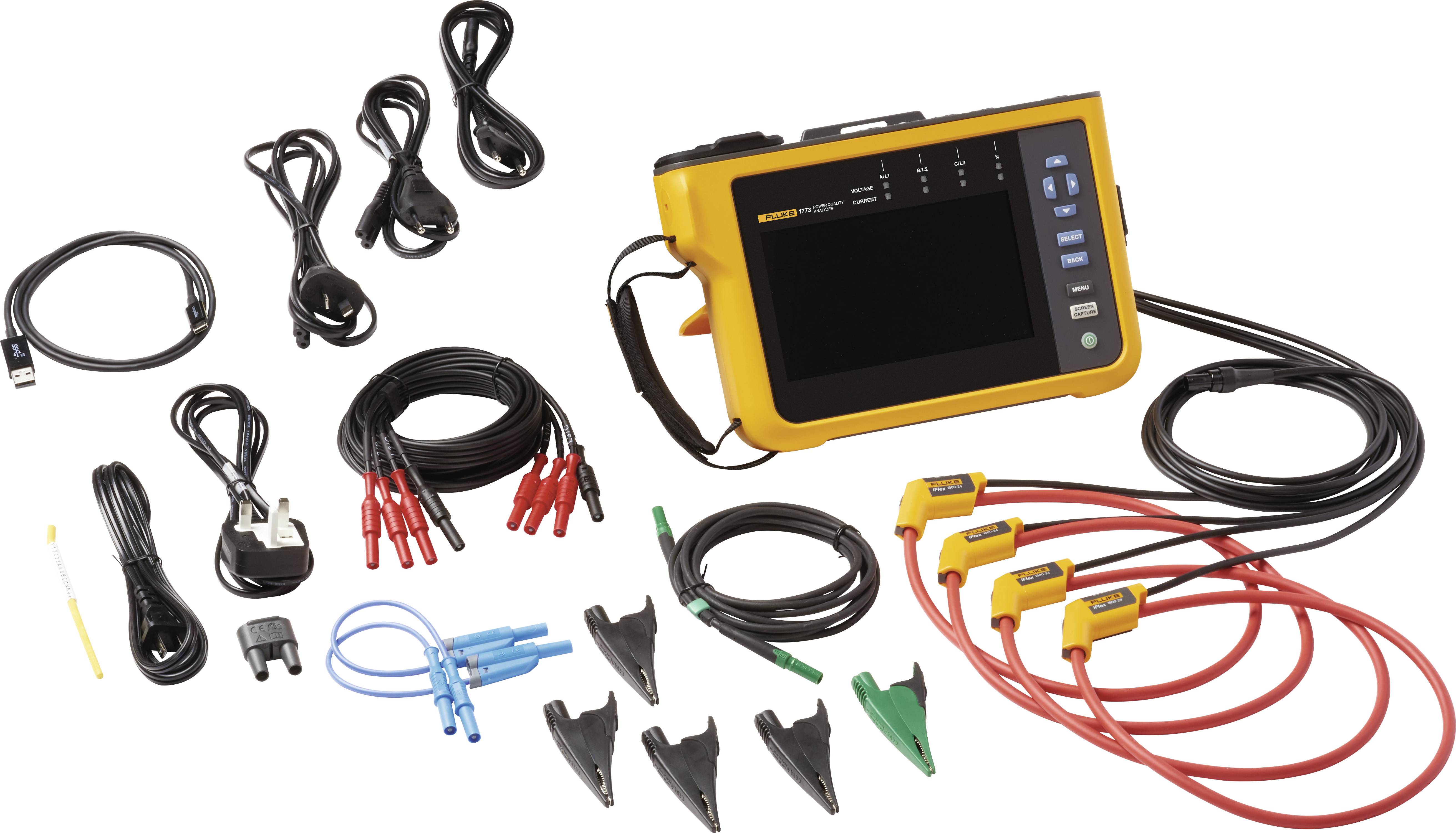 Test device with display for electrical measurements and accessories, such as cables, clamps and sensors, arranged on a table.