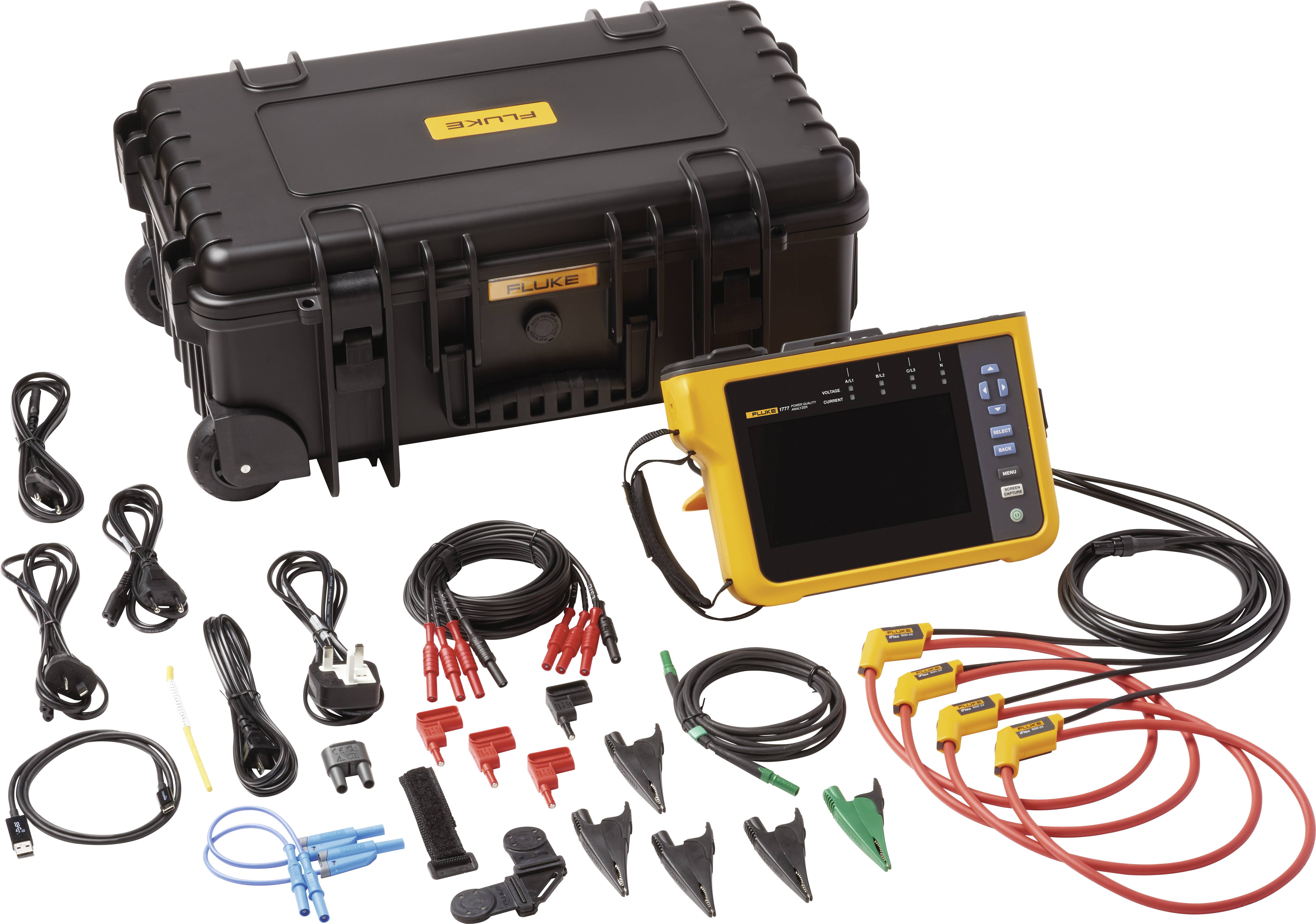 A portable electric testing device with accessories, including cables and clamps, on a black case.