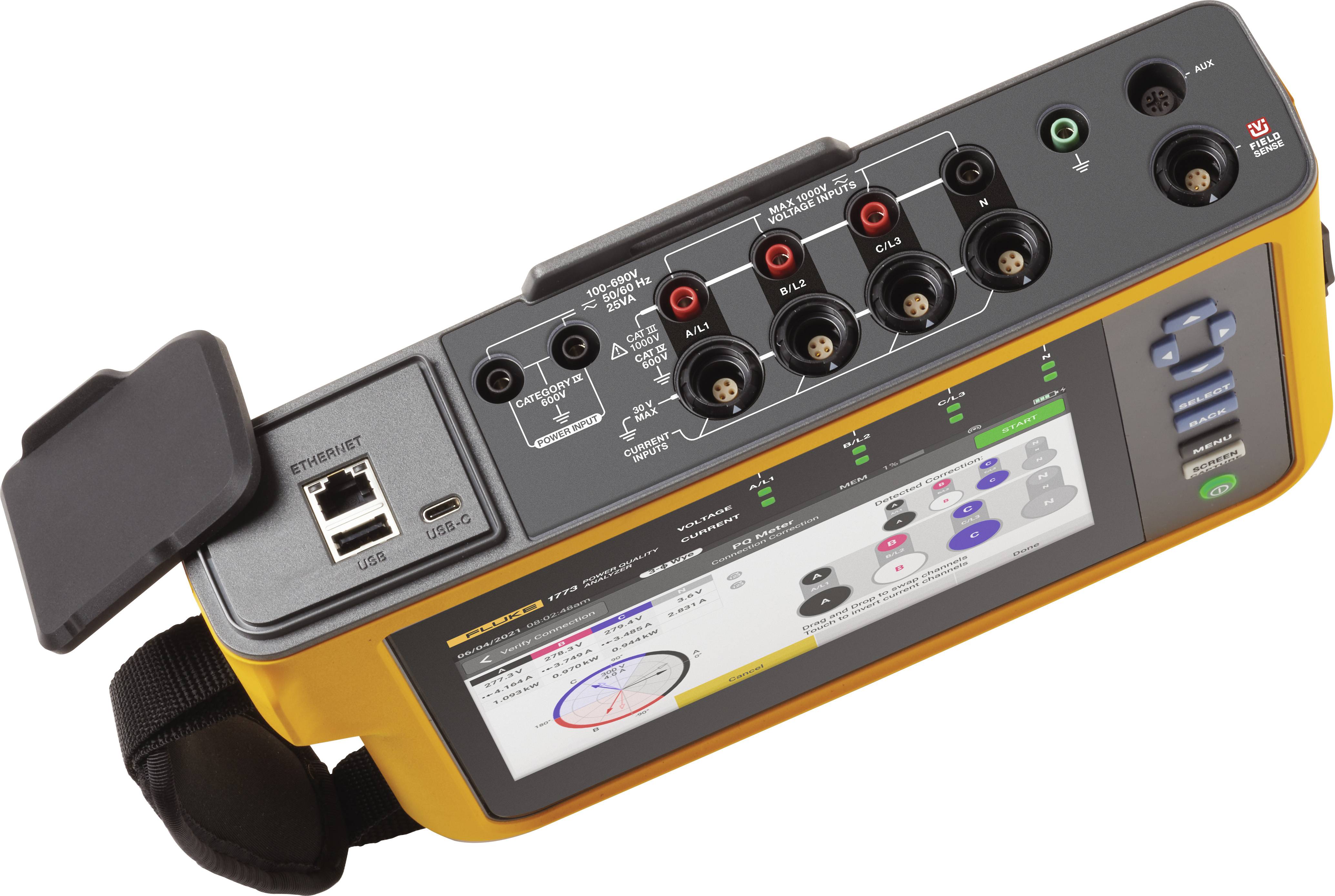 A portable measuring device for analysing electrical networks. Shows various connections and a display with measurement data.