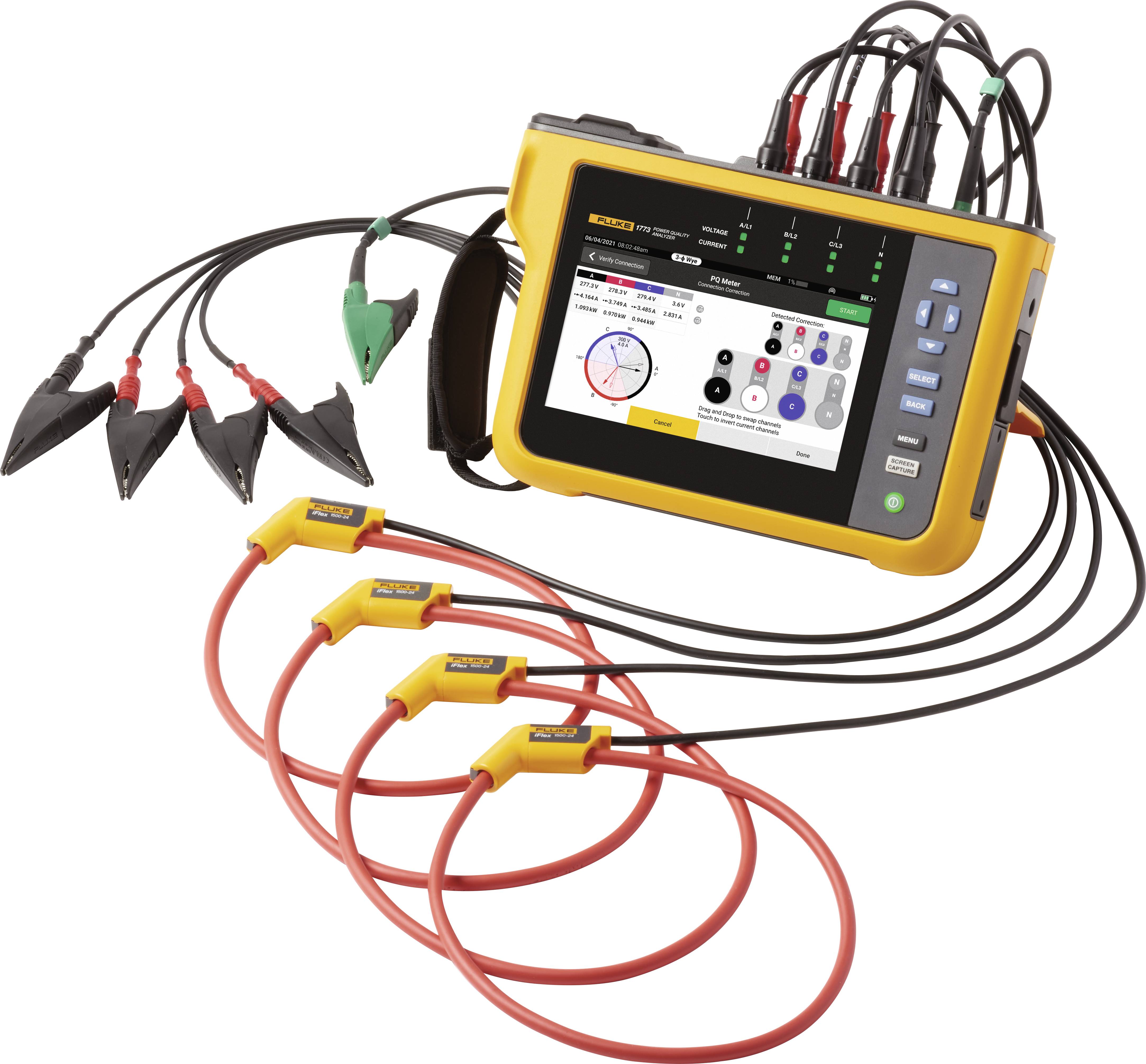 A portable electrical testing device with a display and multiple connected cables for measuring current and voltage.