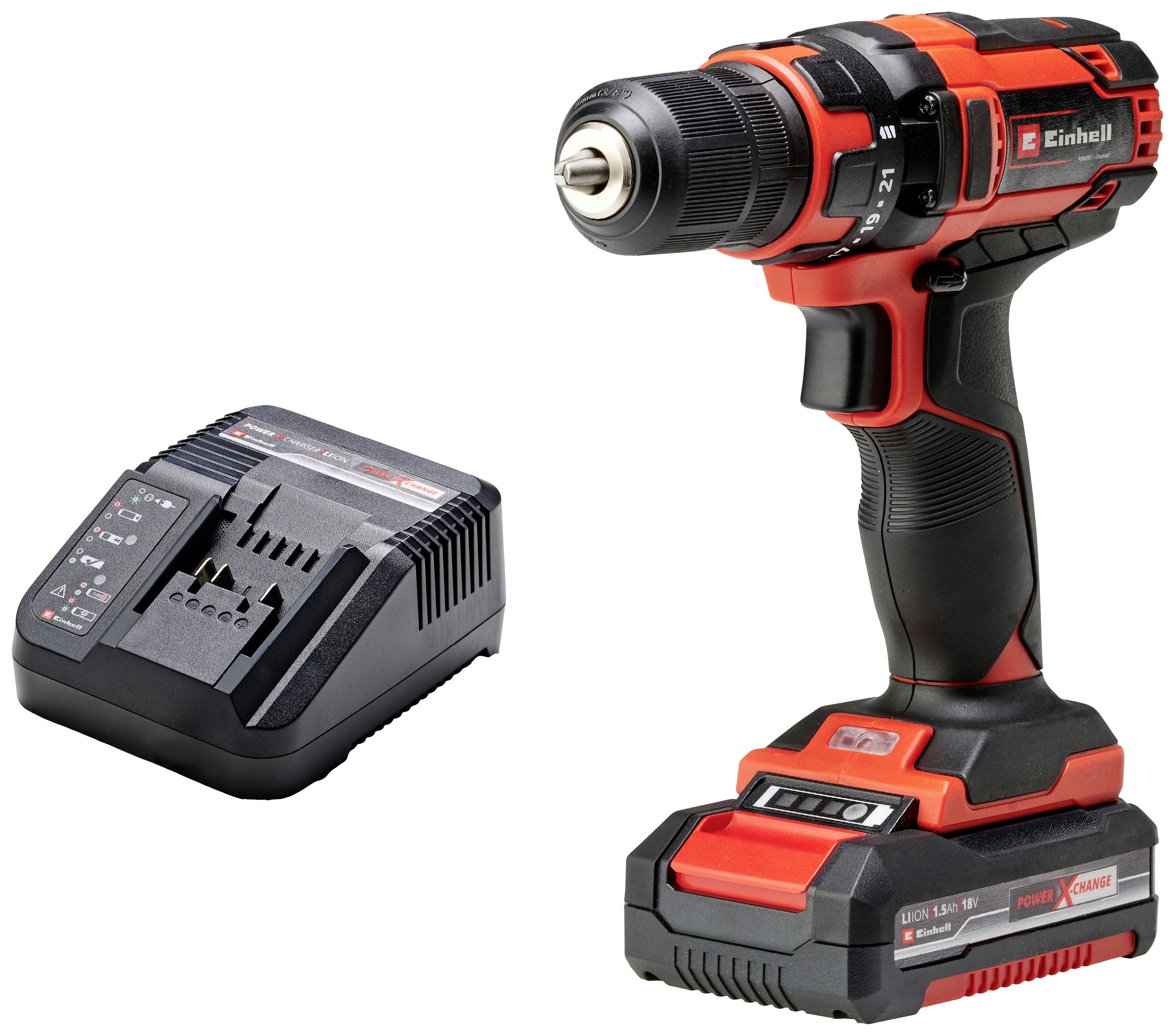 Cordless drill set with red and black cordless drills and matching charger.