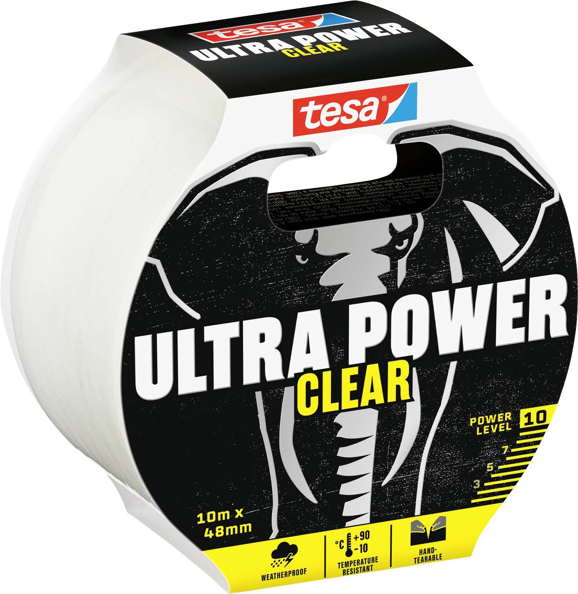 A roll of 'tesa Ultra Power Clear' tape in packaging, featuring an elephant graphic. Noted for strength and weatherproof durability.