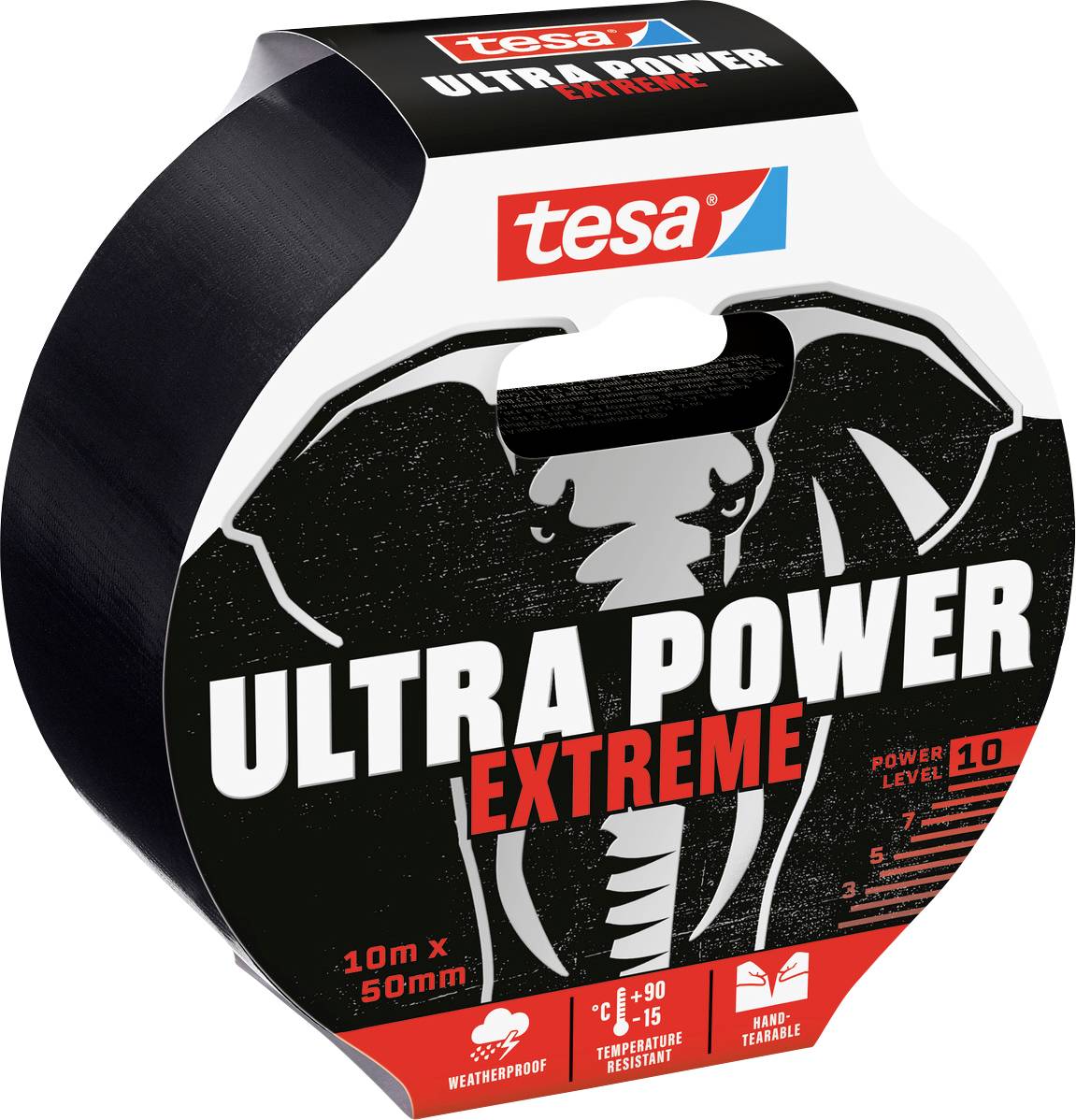 Packaging for 'Tesa Ultra Power Extreme' tape, featuring an elephant graphic. Highlights include waterproof, temperature resistance, and durability.