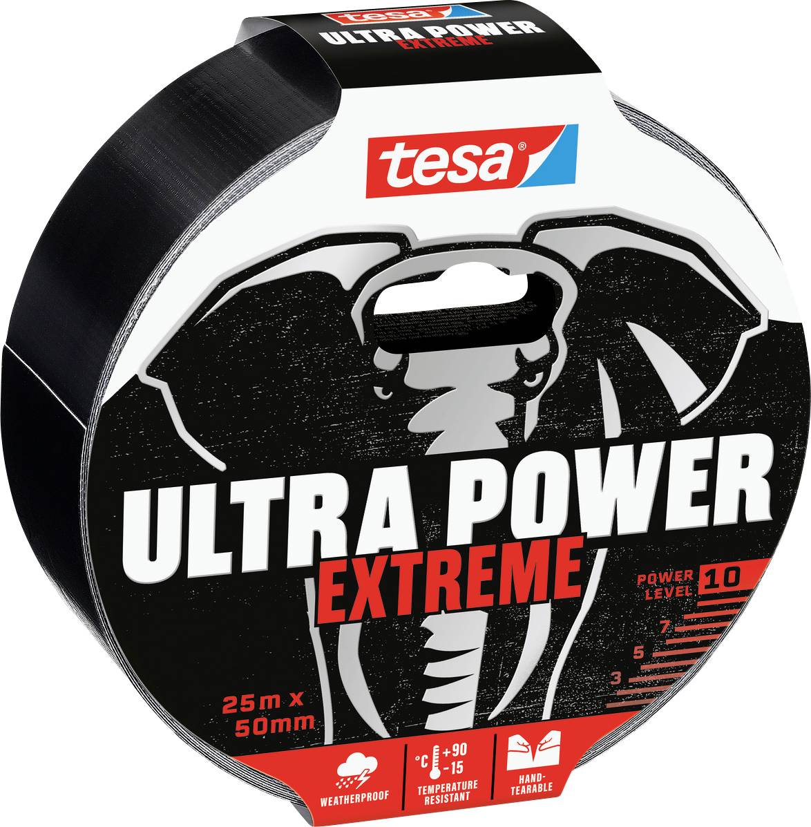 'Ultra Power Extreme' tesa duct tape packaging, 25m x 50mm, weatherproof, temperature resistant, hand tearable, power level 10.