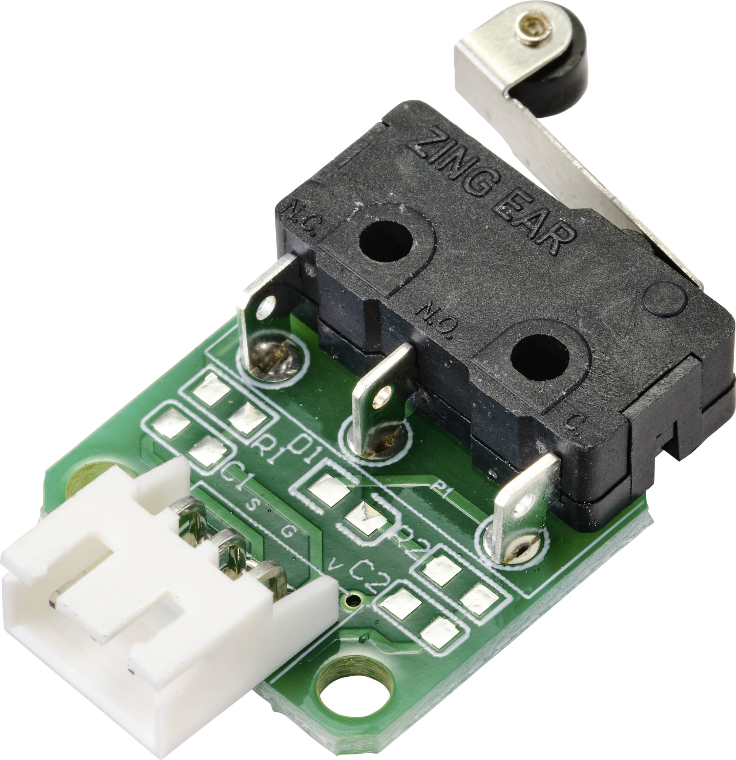 A green microcontroller board with a black micro switch, metal lever, and a white connector. Components for electronics projects.