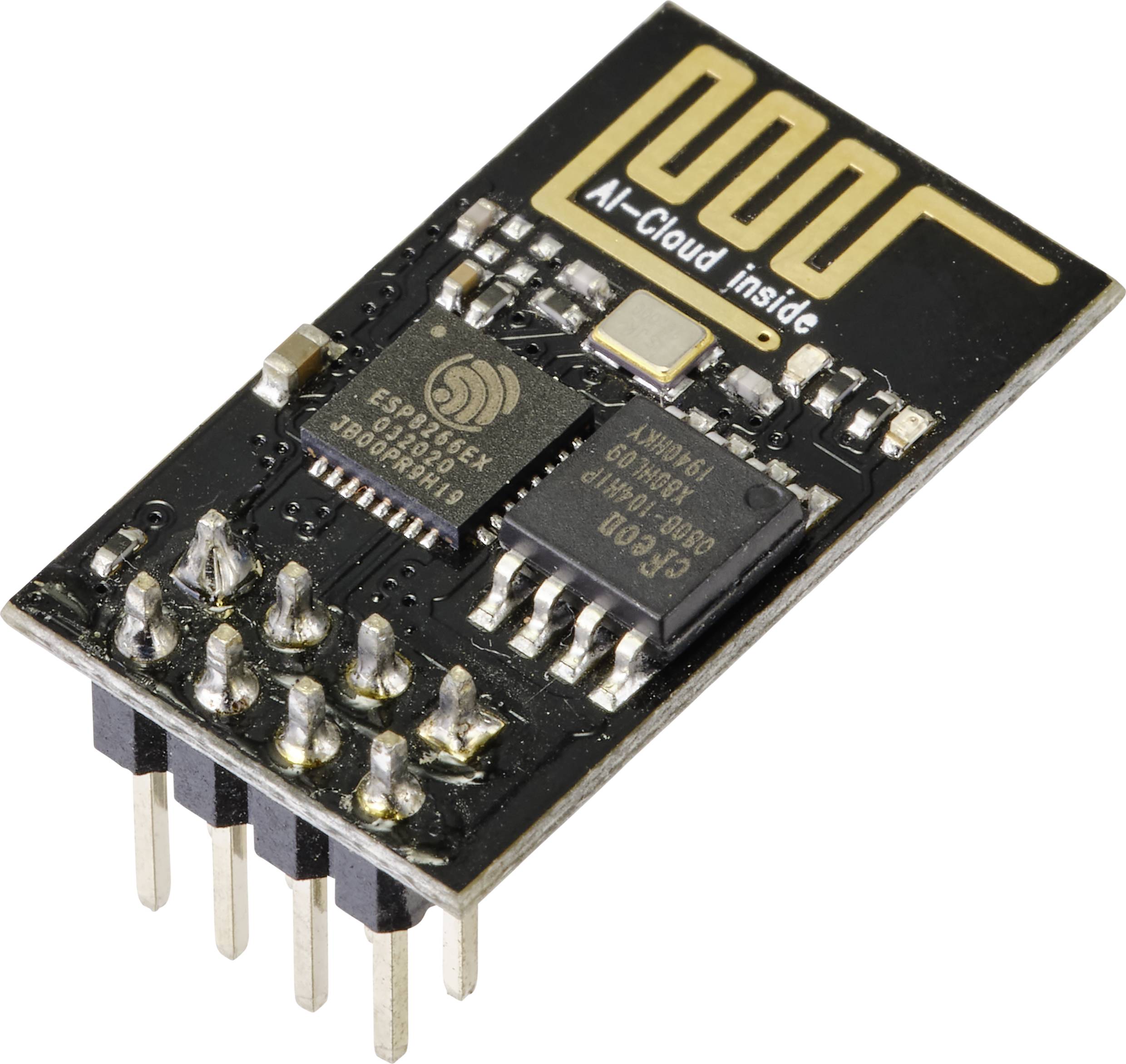 A black Wi-Fi module with the inscription 'AI-Cloud inside' and several metal pins at the bottom for connecting to other devices.