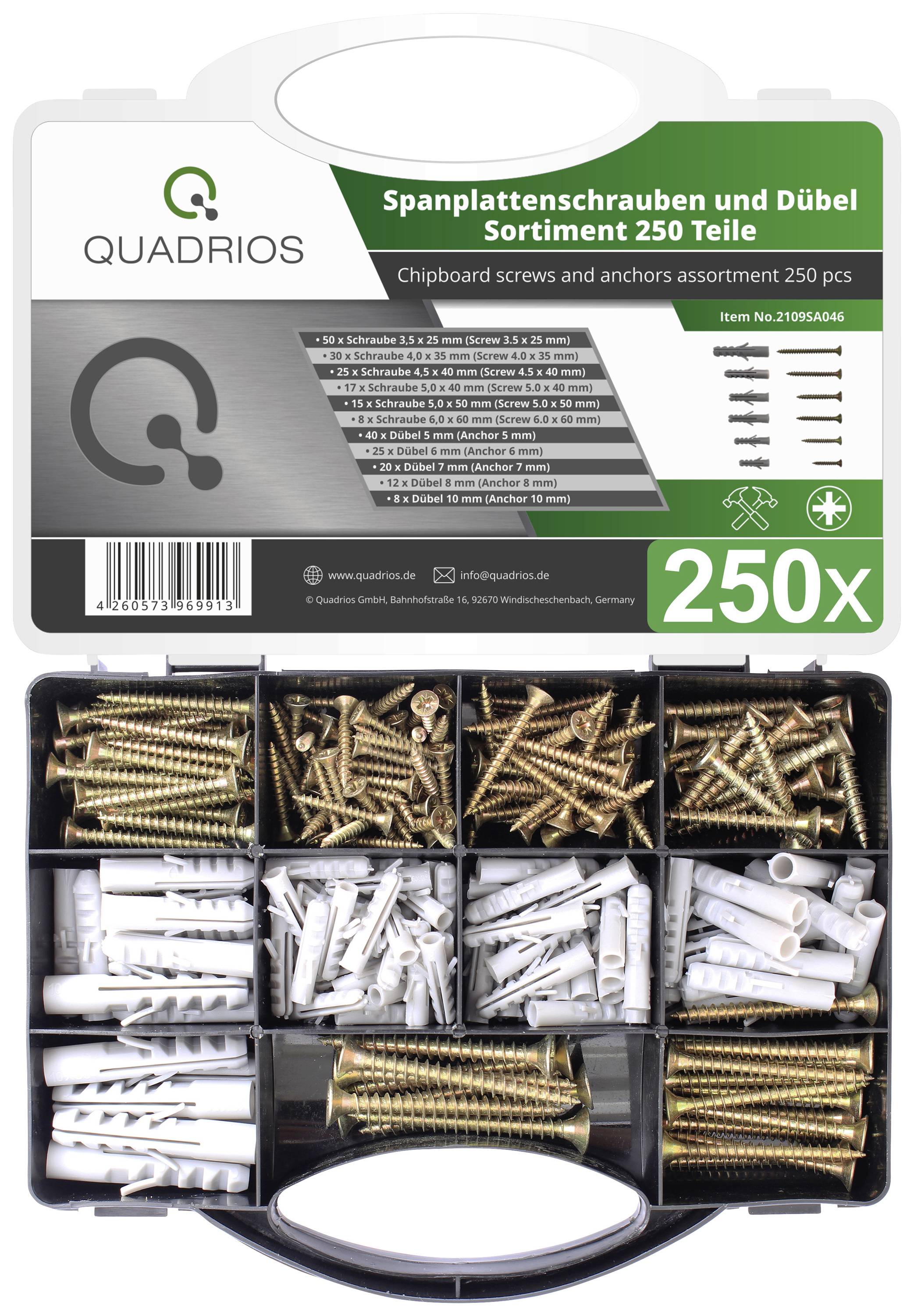 Quadríos Chipboard Screws and Plugs, 250 Pieces, Assortment Box with Various Screws and Plugs, Well Organised.