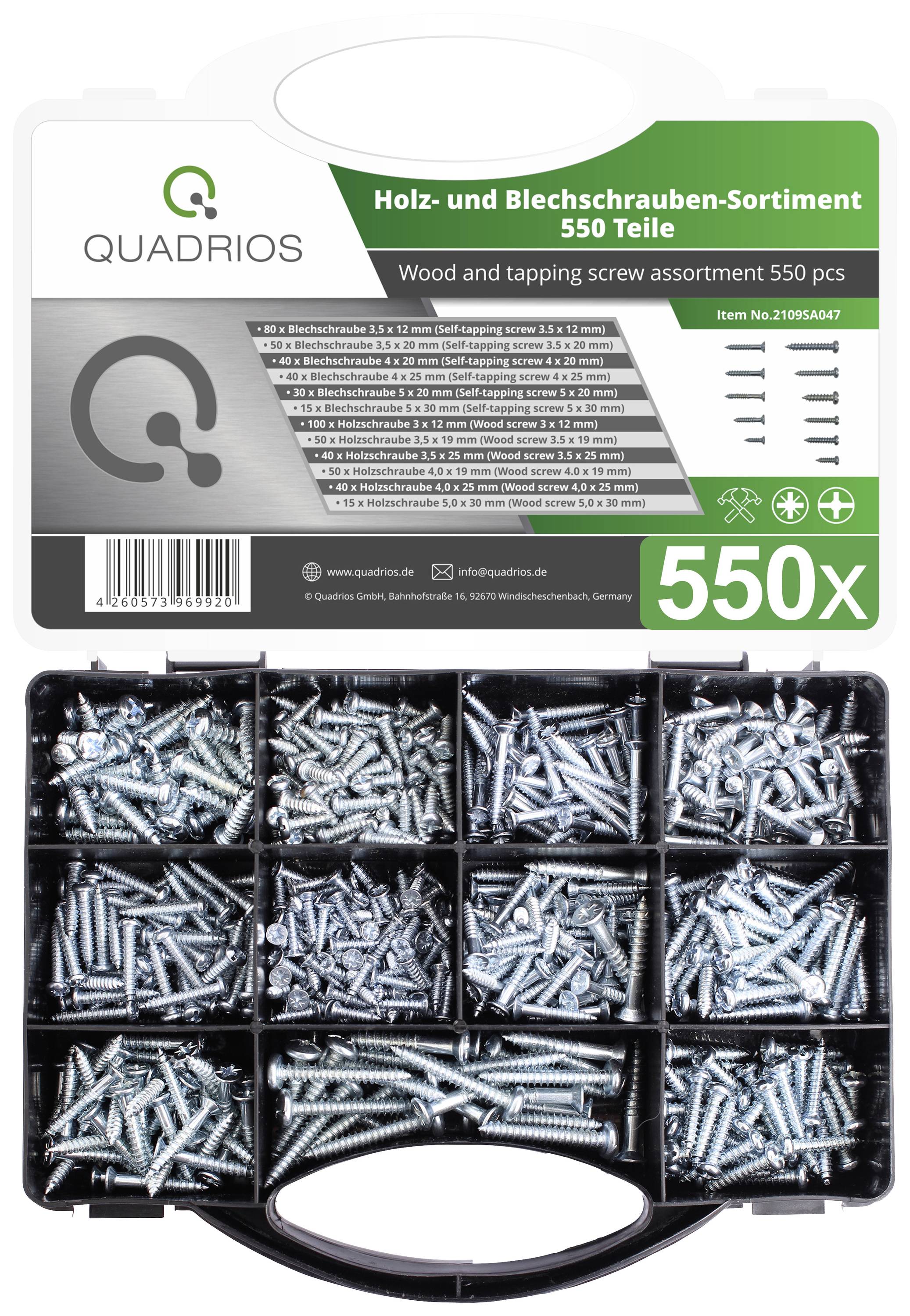 'Screw Assortment' with 550 wood and sheet metal screws, various sizes, in a black organiser with a transparent lid.