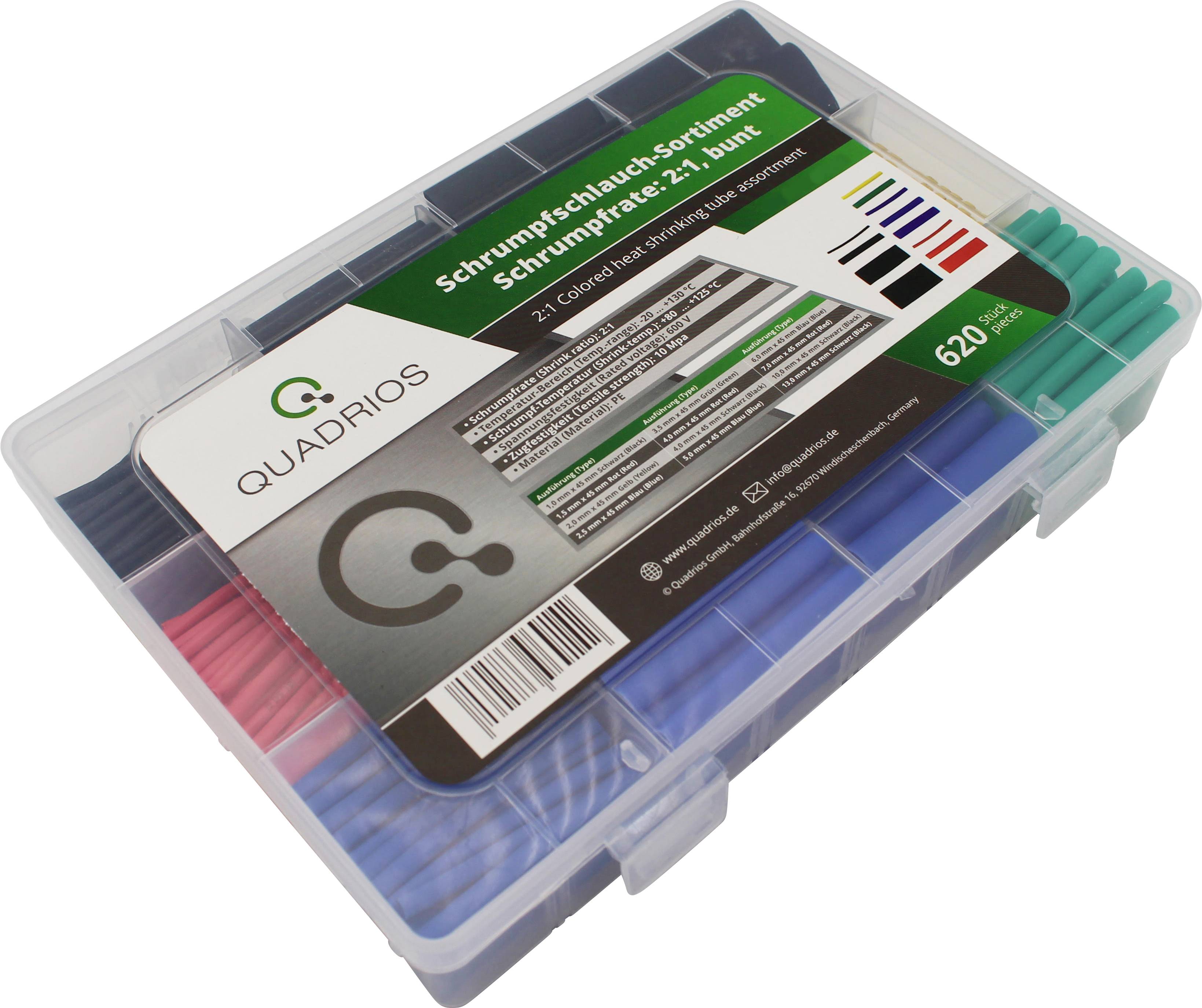 A plastic box containing heat shrink tubing in various colours and sizes, labelled as 'Heat Shrink Tube Assortment - 620 Pieces'.