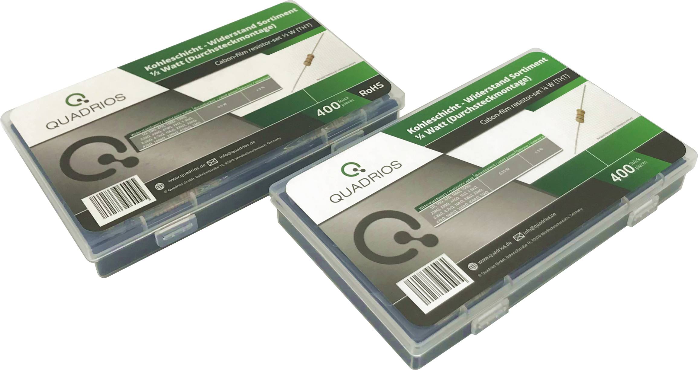 Two plastic boxes with Quadrios capacitors, 400 pieces per box, in various values. Packaging design green and grey.