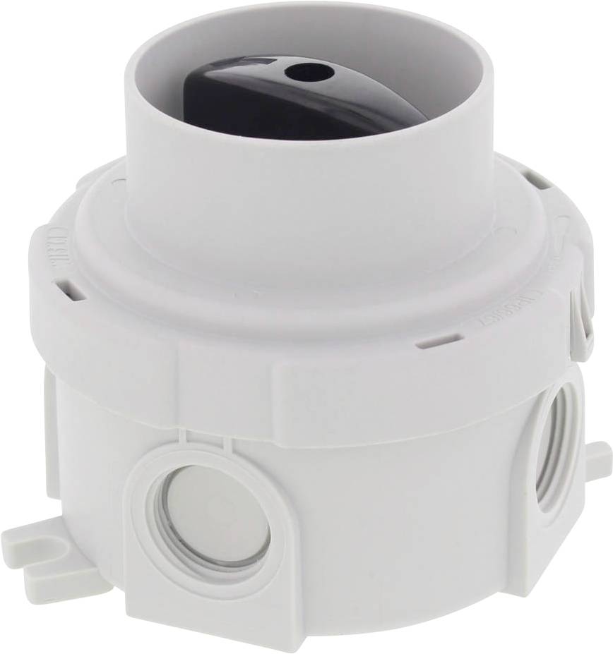 A round, white plastic switch with a black handle. It has several side openings for cable entries.