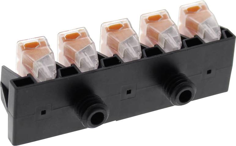 A black electrical terminal block with five transparent lever clamps covering orange connections.